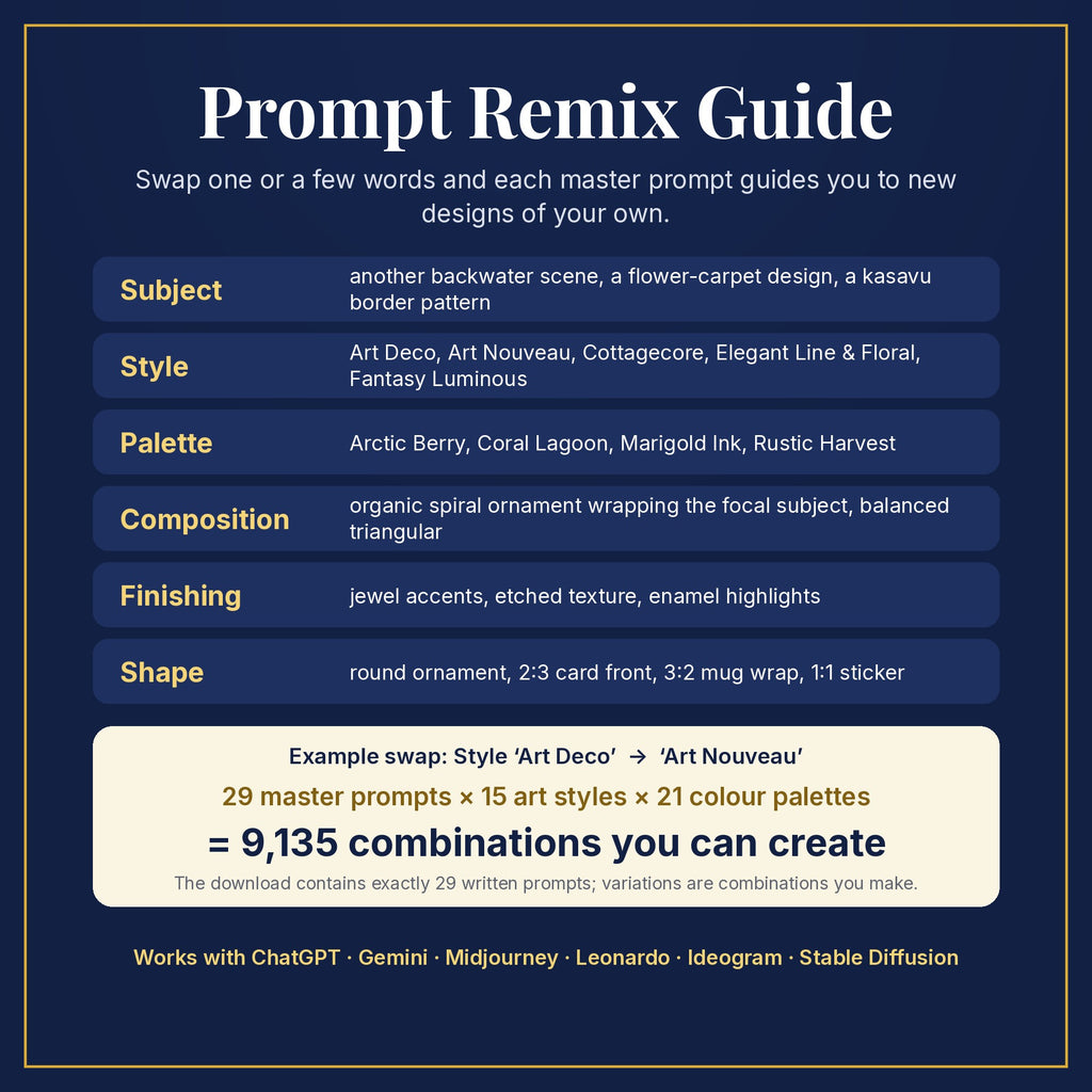 Prompt Remix Guide: swap subject, style, palette, composition, finishing and shape; 29 master prompts × 15 styles × 21 palettes = 9,135 combinations you can create