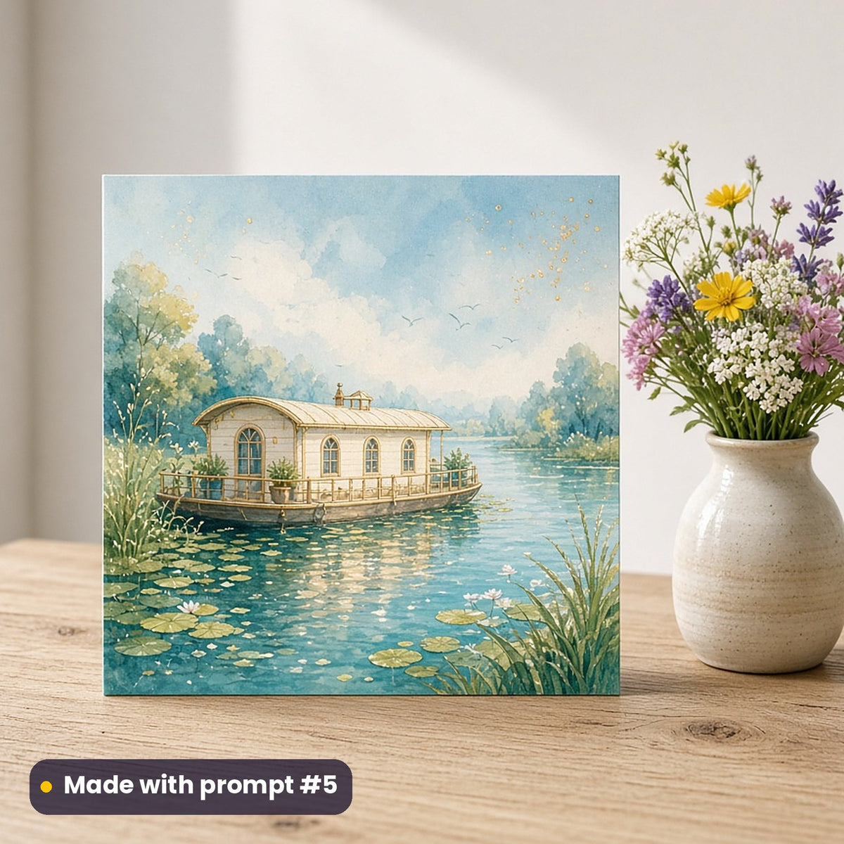 Onam artwork printed on a flat-printed greeting card: houseboat on a calm backwater, fantasy luminous style, made with prompt #5 from this pack