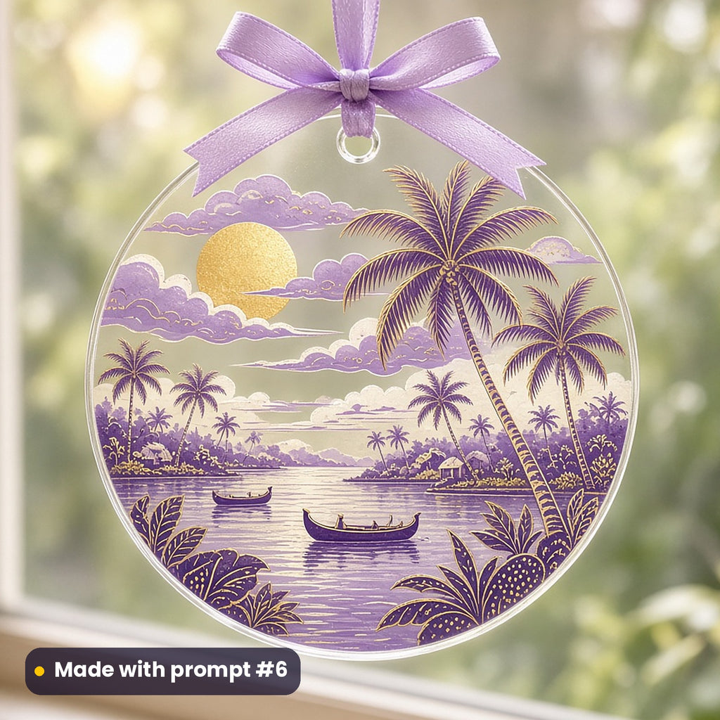 Onam artwork printed on a UV-printed clear acrylic ornament: Kerala backwaters with coconut palms, folk art style, made with prompt #6 from this pack