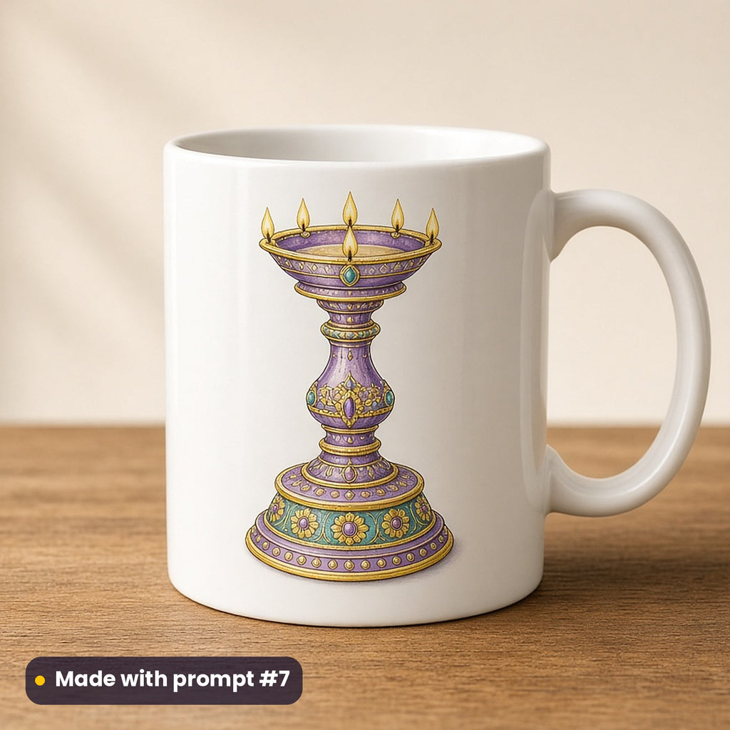 Onam artwork printed on a UV-printed ceramic mug: traditional brass lamp with five wicks, luxury enamel & gemstone style, made with prompt #7 from this pack