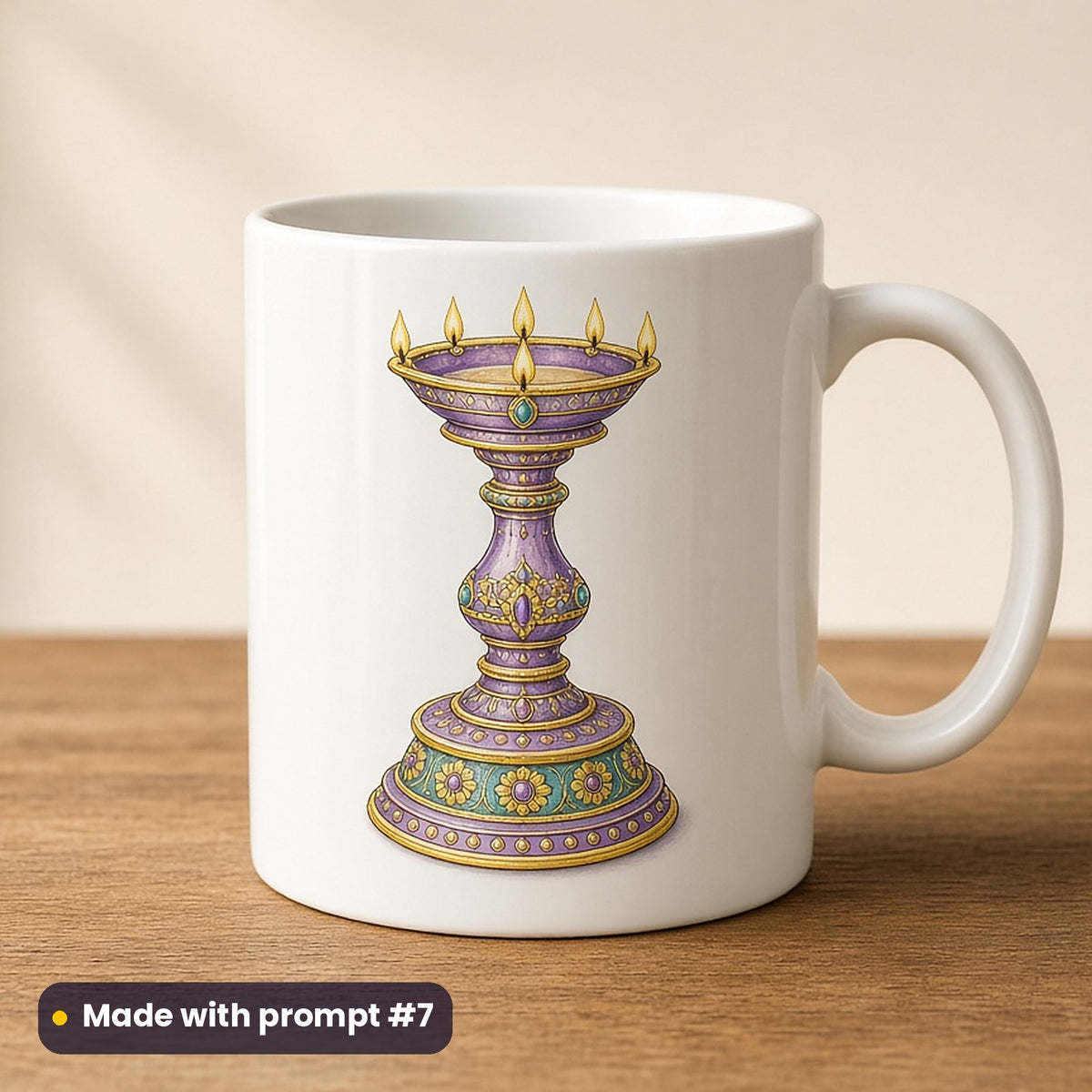 Onam artwork printed on a UV-printed ceramic mug: traditional brass lamp with five wicks, luxury enamel & gemstone style, made with prompt #7 from this pack