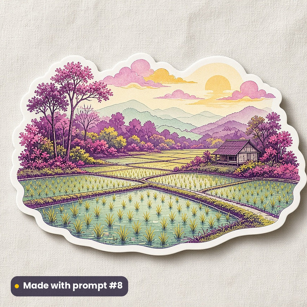 Onam artwork printed on a die-cut vinyl sticker: paddy fields after the monsoon, luxury porcelain style, made with prompt #8 from this pack