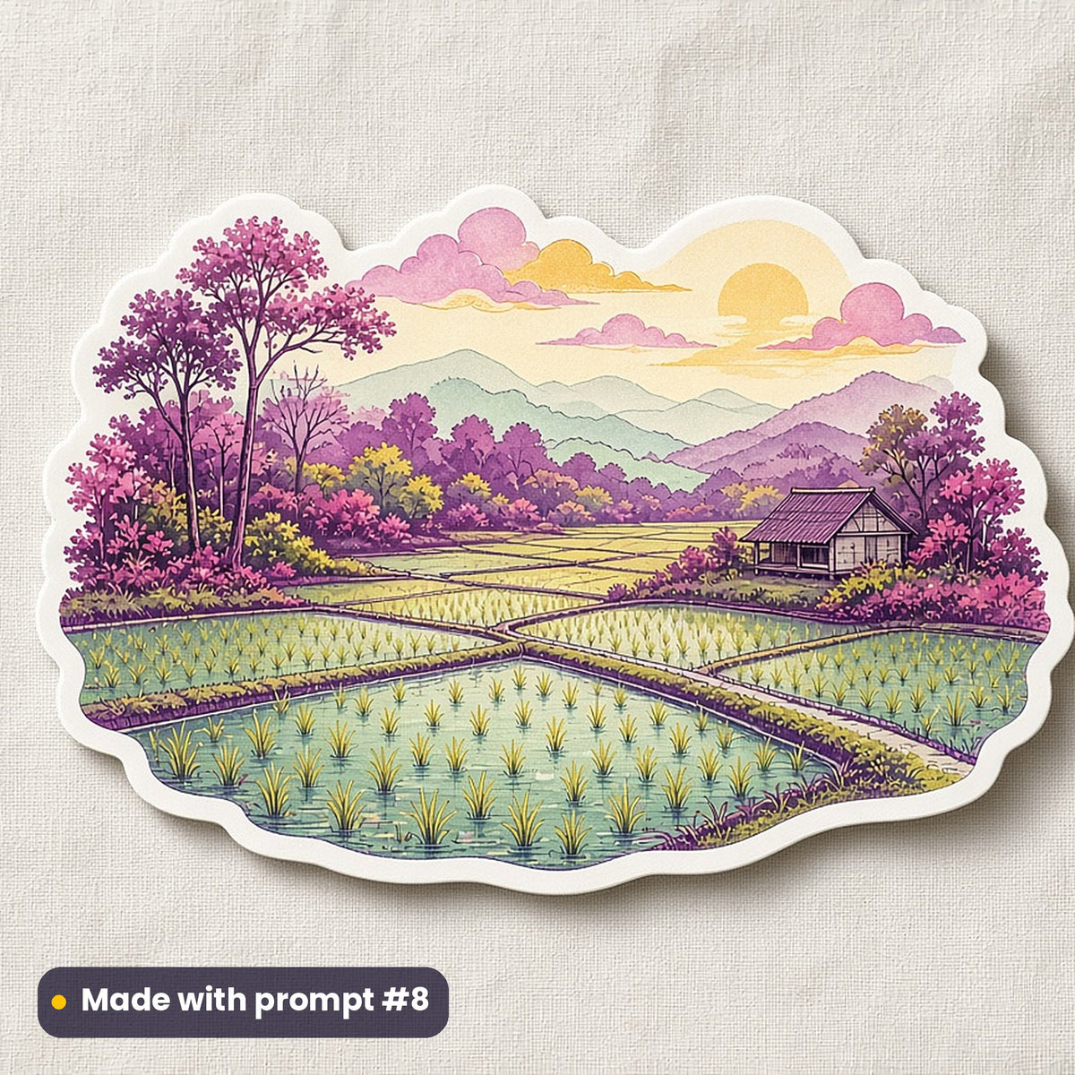 Onam artwork printed on a die-cut vinyl sticker: paddy fields after the monsoon, luxury porcelain style, made with prompt #8 from this pack