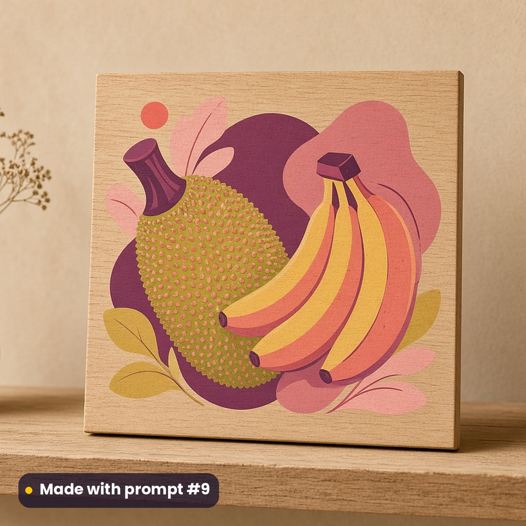 Onam artwork printed on a UV-printed wooden plaque: jackfruit and ripe bananas, minimal bold graphic style, made with prompt #9 from this pack