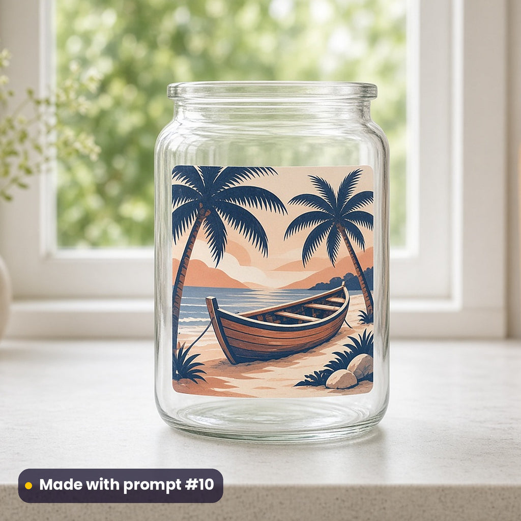 Onam artwork printed on a UV DTF decal on glass: country boat under palm trees, modern scandinavian style, made with prompt #10 from this pack
