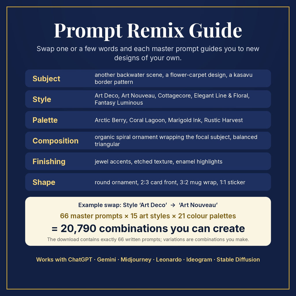 Prompt Remix Guide: swap subject, style, palette, composition, finishing and shape; 66 master prompts × 15 styles × 21 palettes = 20,790 combinations you can create