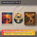 World Photography Day prompt pack: 68 master prompts + Remix Guide, with a UV-printed greeting card, acrylic ornament and mug set made with prompts #7, #8 and #9