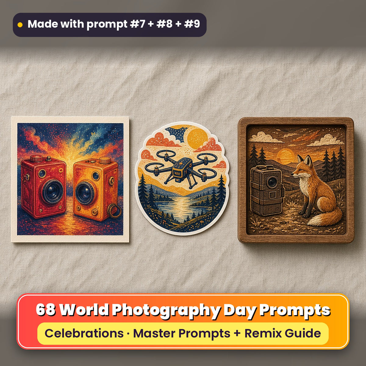 World Photography Day prompt pack: 68 master prompts + Remix Guide, with a UV-printed greeting card, acrylic ornament and mug set made with prompts #7, #8 and #9