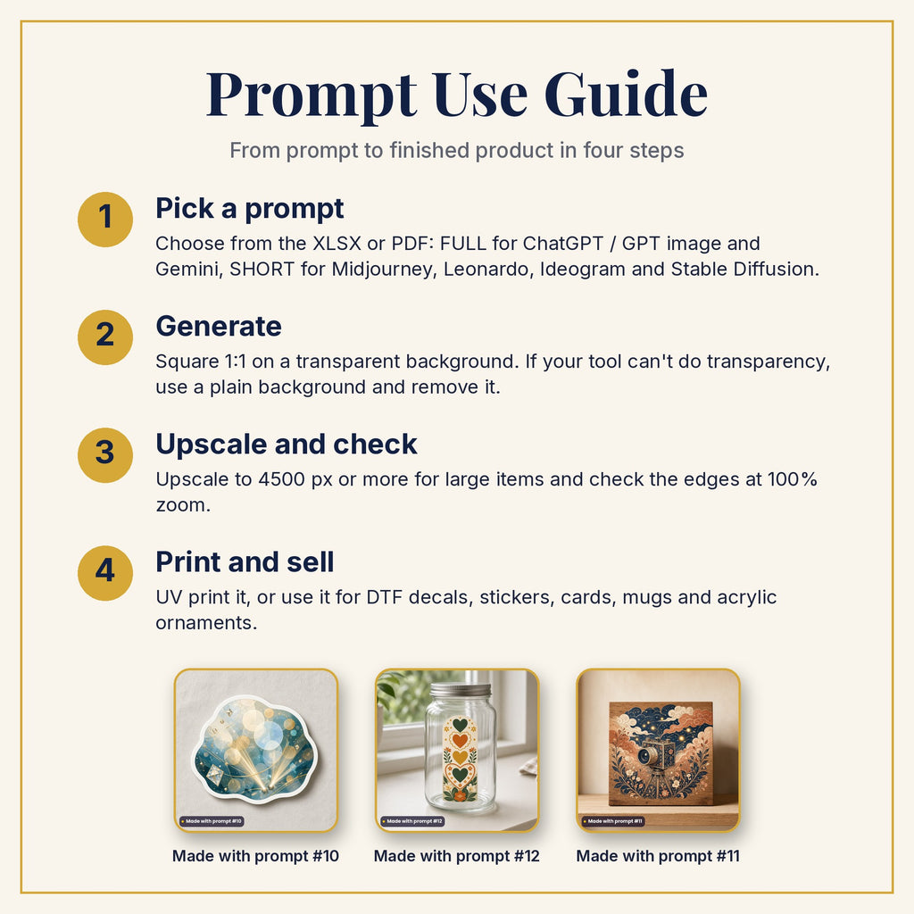 Prompt Use Guide: pick a prompt, generate, upscale and check, then print and sell, with example products made with prompts #10, #12 and #11