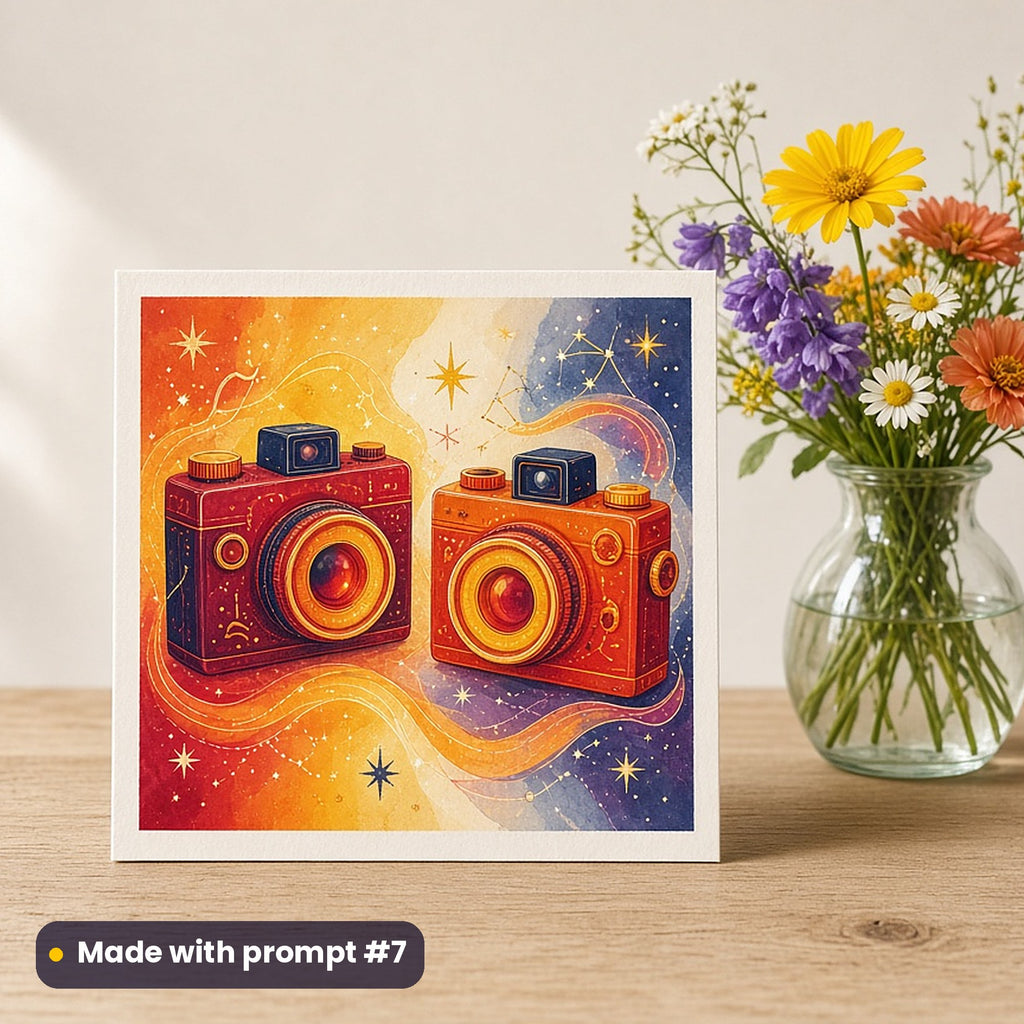 World Photography Day artwork printed on a flat-printed greeting card: two cameras side by side, fantasy luminous style, made with prompt #7 from this pack