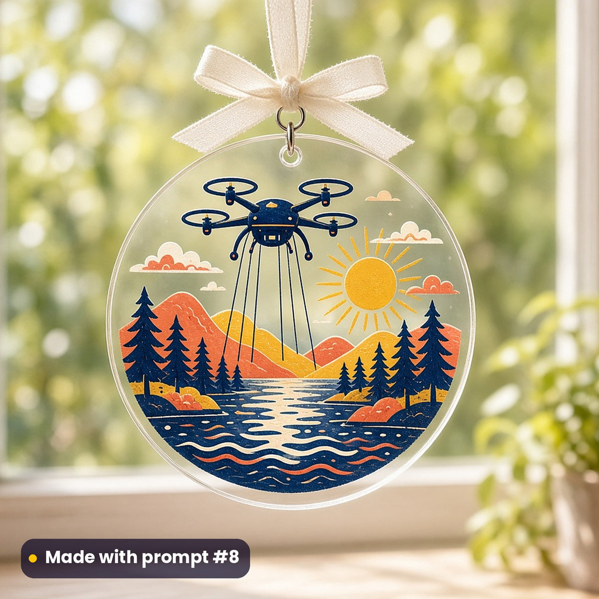 World Photography Day artwork printed on a UV-printed clear acrylic ornament: drone hovering over a lake, folk art style, made with prompt #8 from this pack