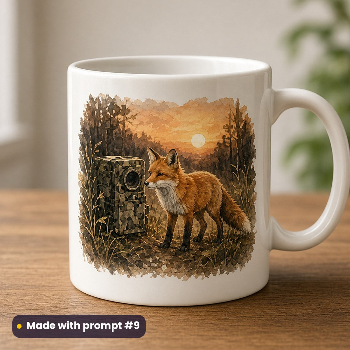 World Photography Day artwork printed on a UV-printed ceramic mug: fox caught by a wildlife camera at dusk, handcrafted clay illusion style, made with prompt #9 from this pack
