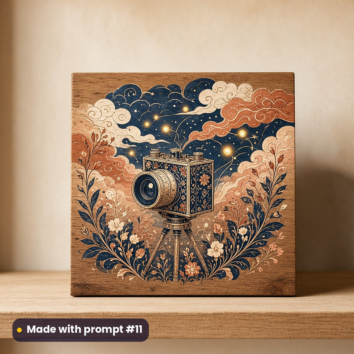 World Photography Day artwork printed on a UV-printed wooden plaque: magical camera capturing fireflies, luxury porcelain style, made with prompt #11 from this pack