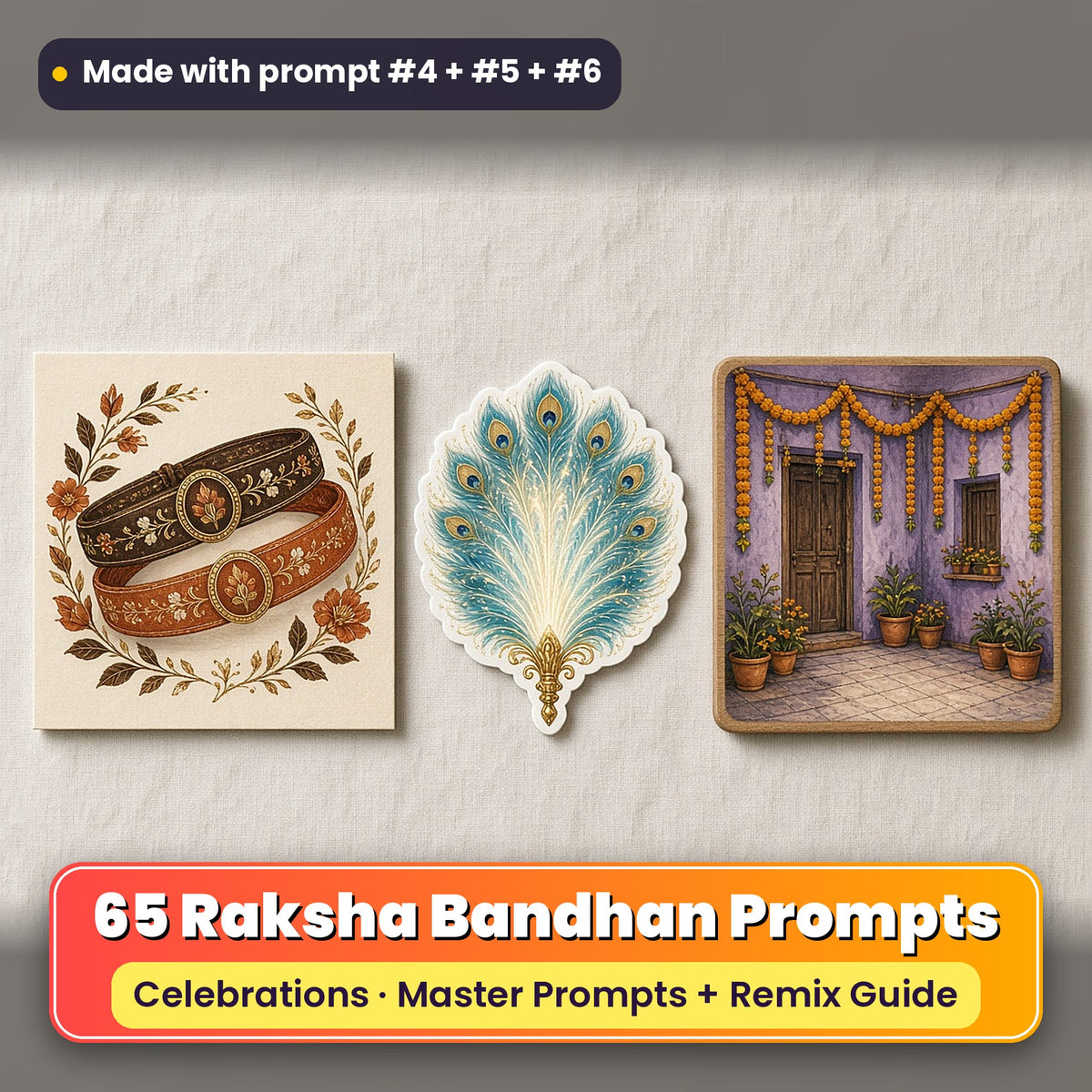 Raksha Bandhan prompt pack: 65 master prompts + Remix Guide, with a UV-printed greeting card, acrylic ornament and mug set made with prompts #4, #5 and #6