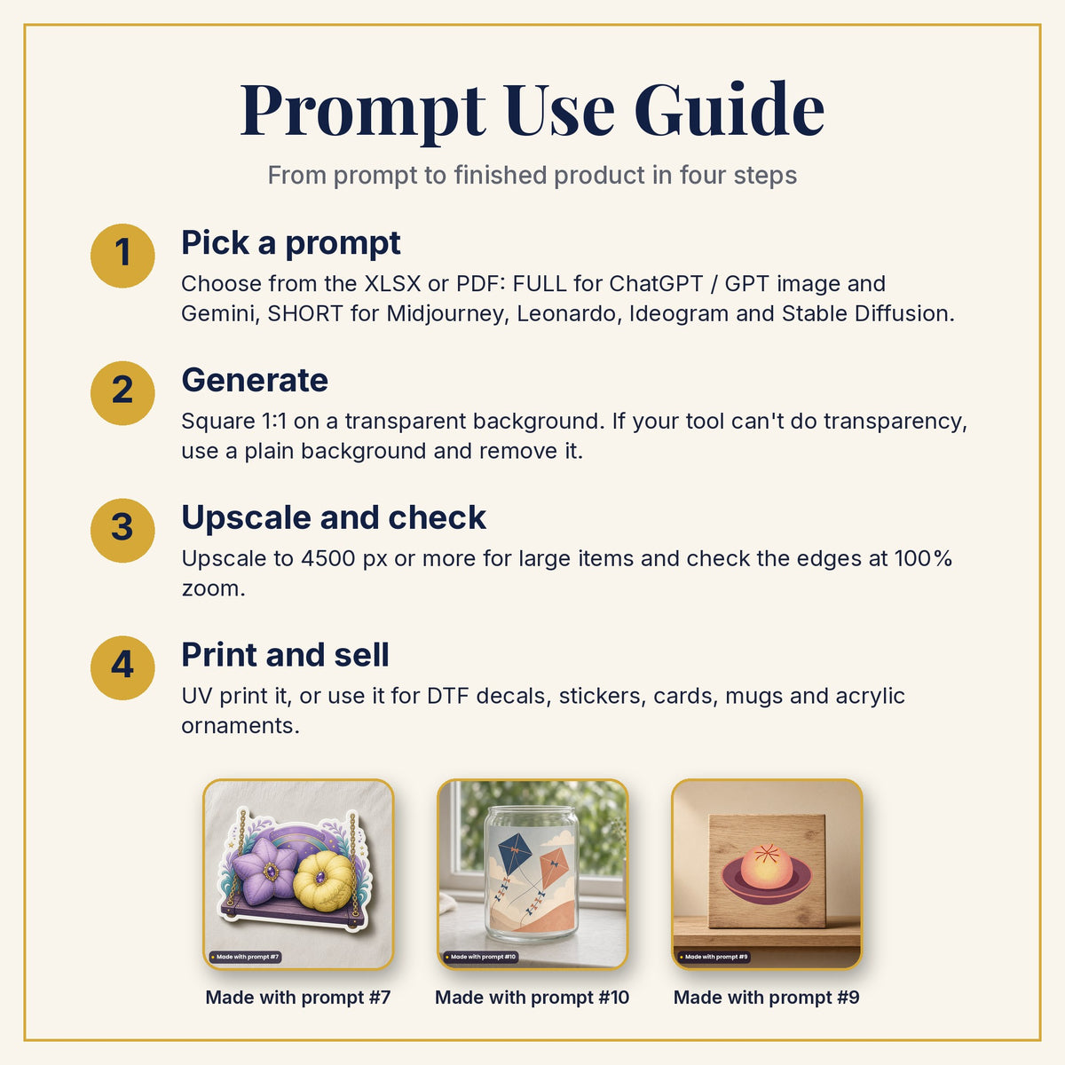 Prompt Use Guide: pick a prompt, generate, upscale and check, then print and sell, with example products made with prompts #7, #10 and #9