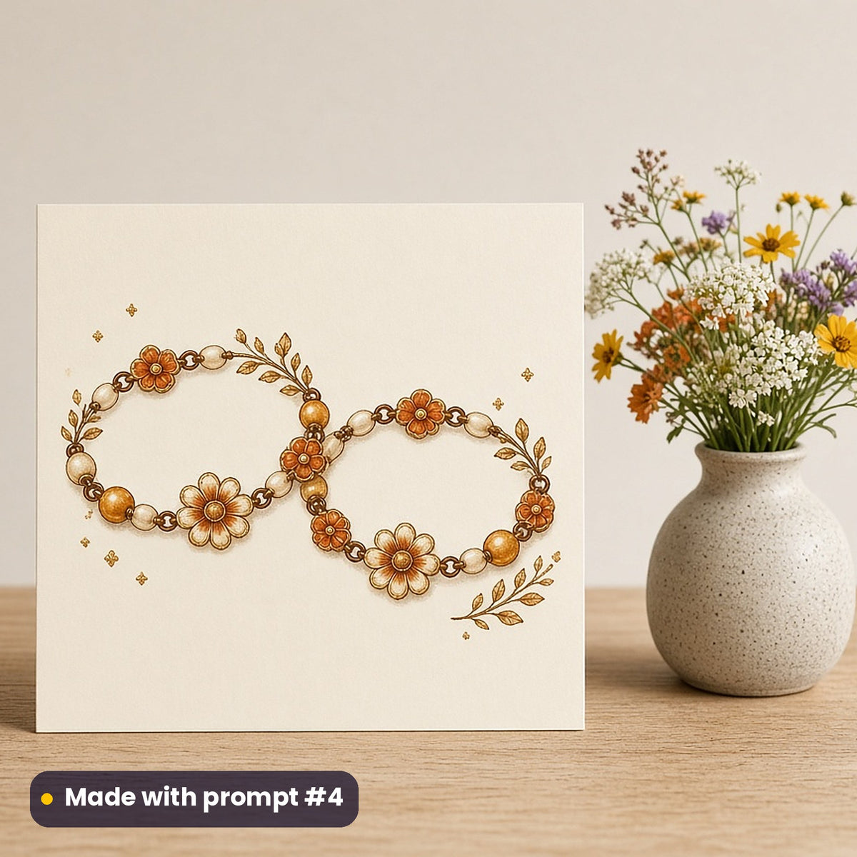 Raksha Bandhan artwork printed on a flat-printed greeting card: pair of matching sibling bracelets, elegant line & floral style, made with prompt #4 from this pack