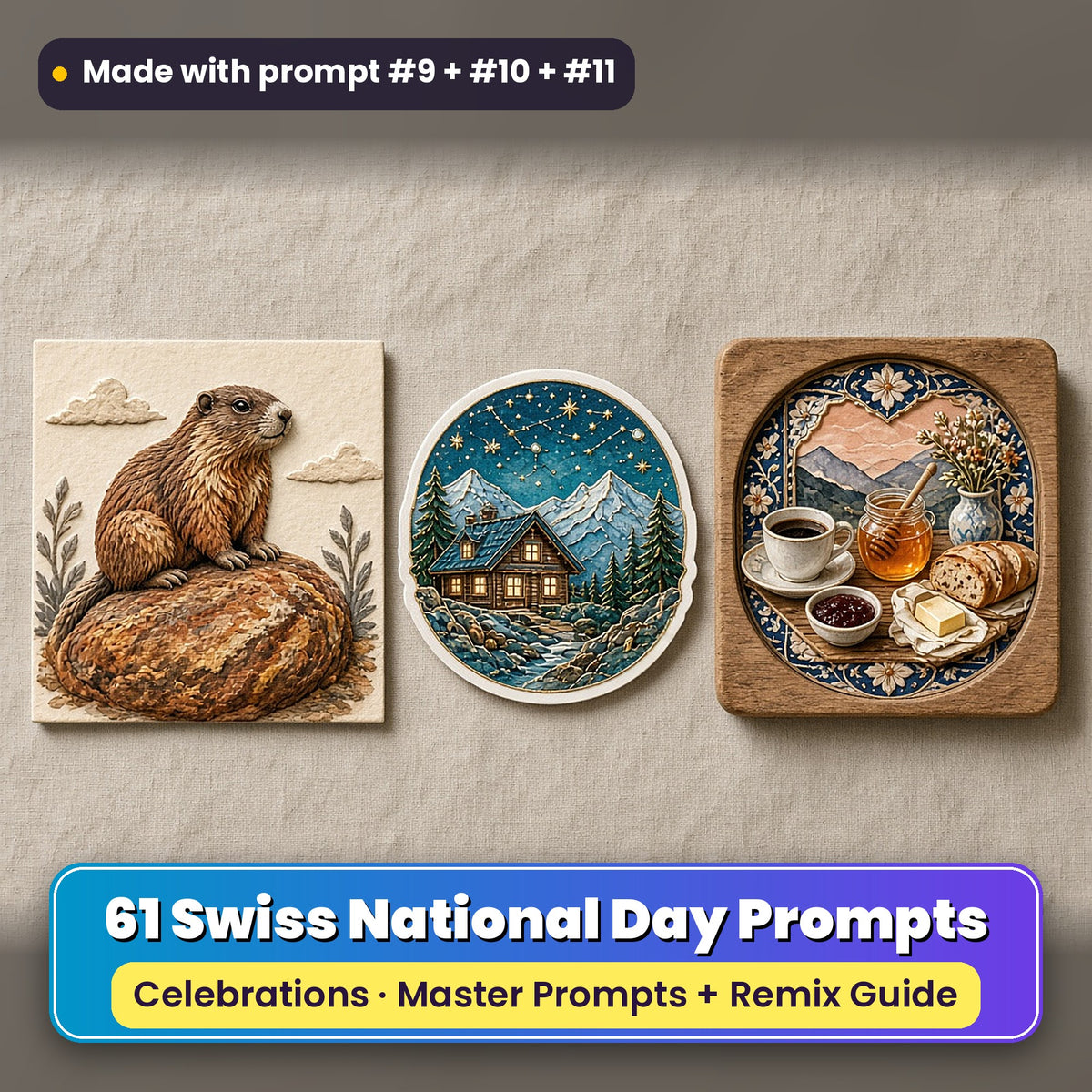 Swiss National Day prompt pack: 61 master prompts + Remix Guide, with a UV-printed greeting card, acrylic ornament and mug set made with prompts #9, #10 and #11