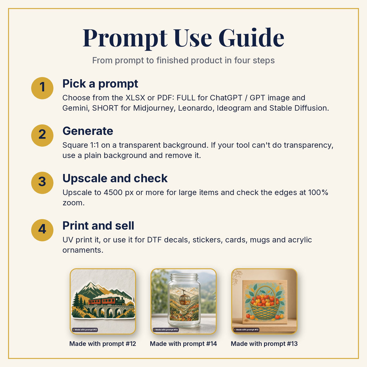 Prompt Use Guide: pick a prompt, generate, upscale and check, then print and sell, with example products made with prompts #12, #14 and #13