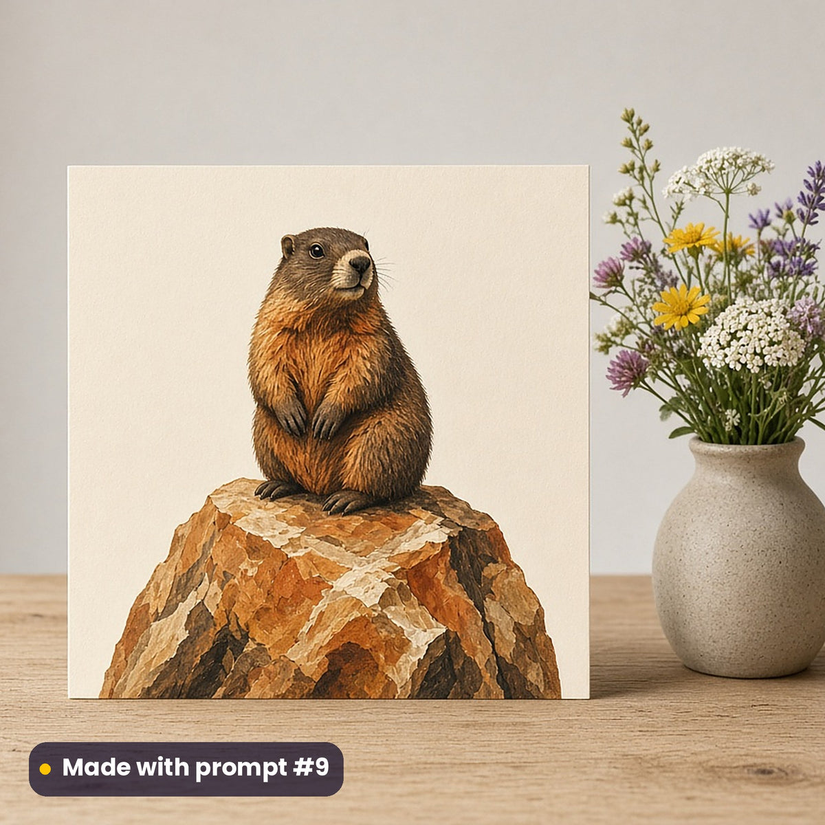 Swiss National Day artwork printed on a flat-printed greeting card: marmot sitting up on a boulder, handcrafted clay illusion style, made with prompt #9 from this pack