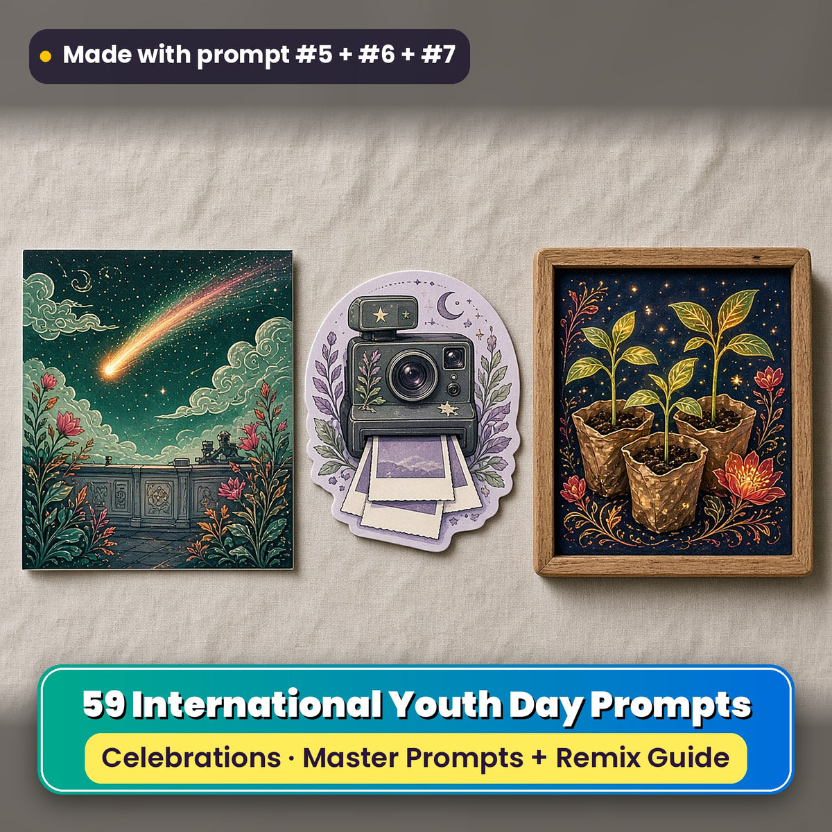 International Youth Day prompt pack: 59 master prompts + Remix Guide, with a UV-printed greeting card, acrylic ornament and mug set made with prompts #5, #6 and #7