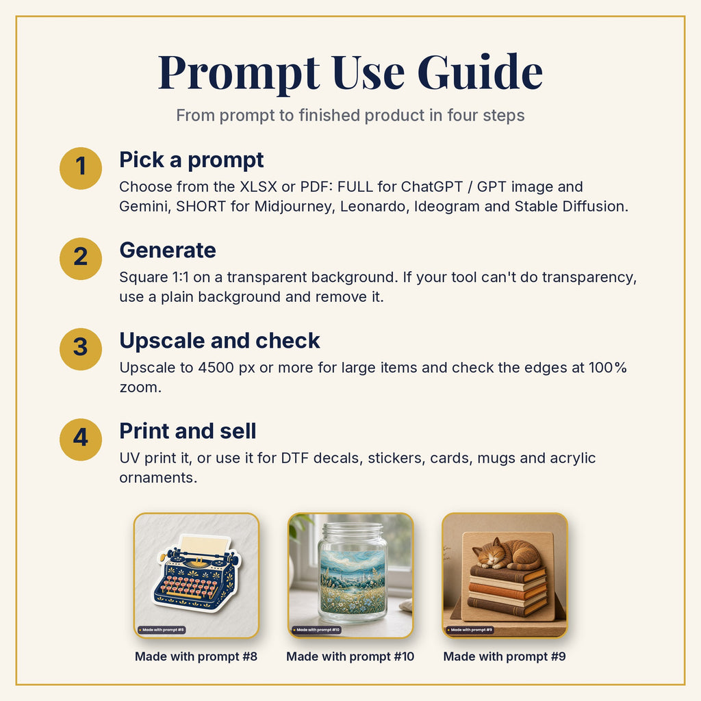 Prompt Use Guide: pick a prompt, generate, upscale and check, then print and sell, with example products made with prompts #8, #10 and #9