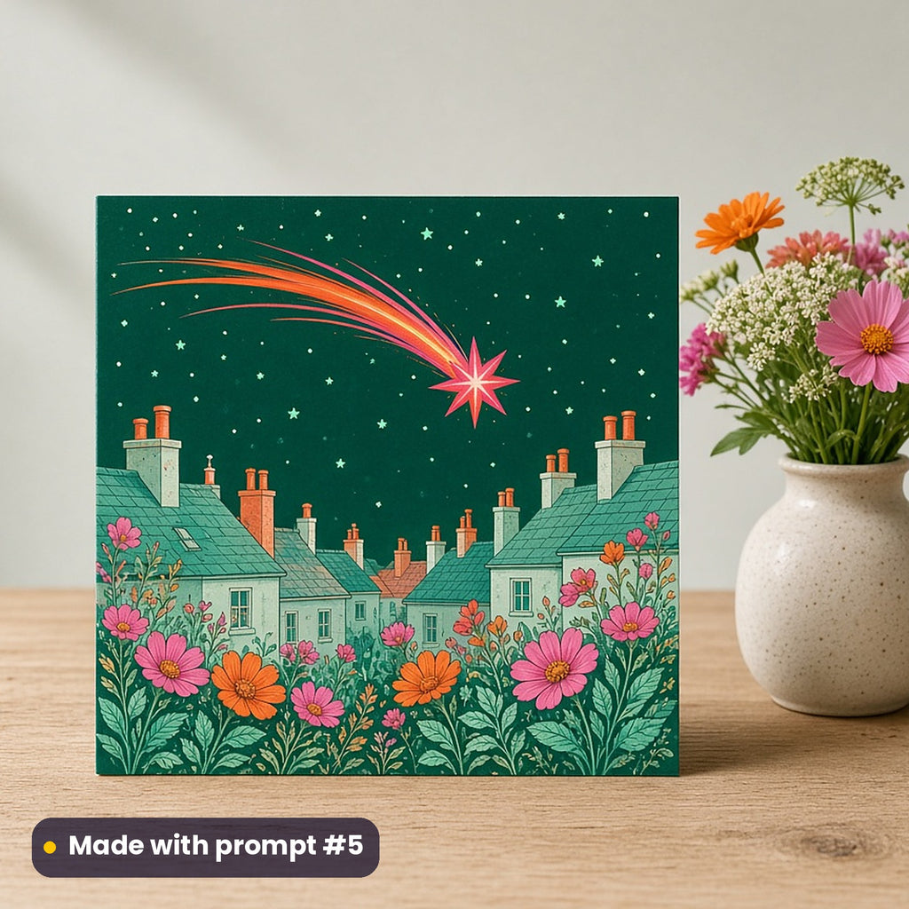 International Youth Day artwork printed on a flat-printed greeting card: shooting star over a rooftop, elegant line & floral style, made with prompt #5 from this pack