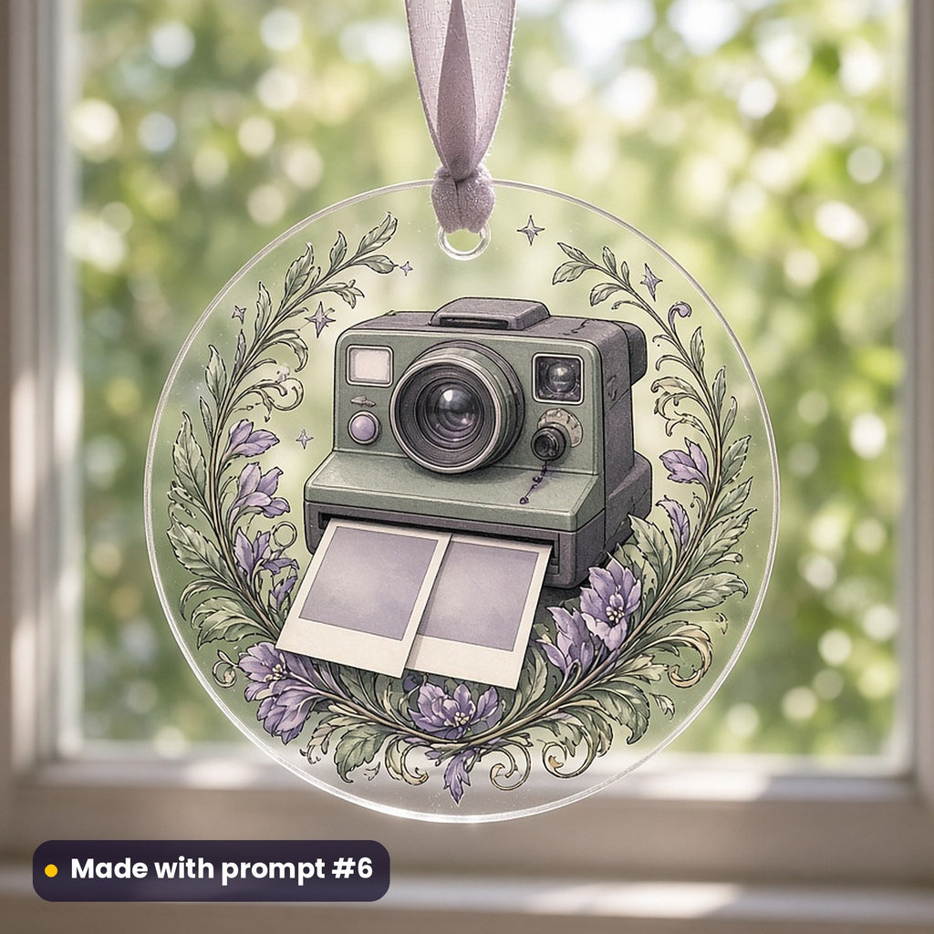 International Youth Day artwork printed on a UV-printed clear acrylic ornament: vintage instant camera with blank snapshots, fantasy heraldic style, made with prompt #6 from this pack