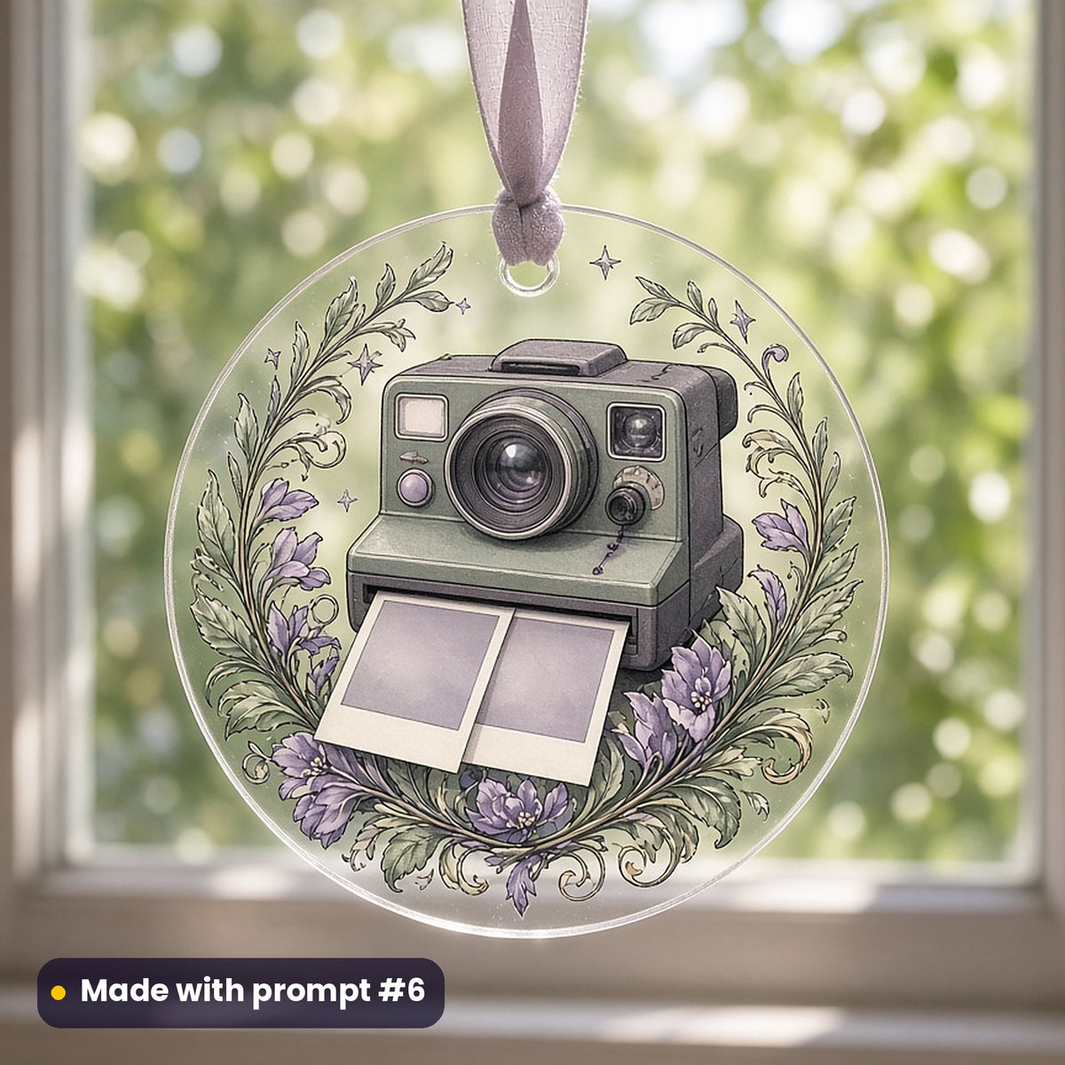 International Youth Day artwork printed on a UV-printed clear acrylic ornament: vintage instant camera with blank snapshots, fantasy heraldic style, made with prompt #6 from this pack