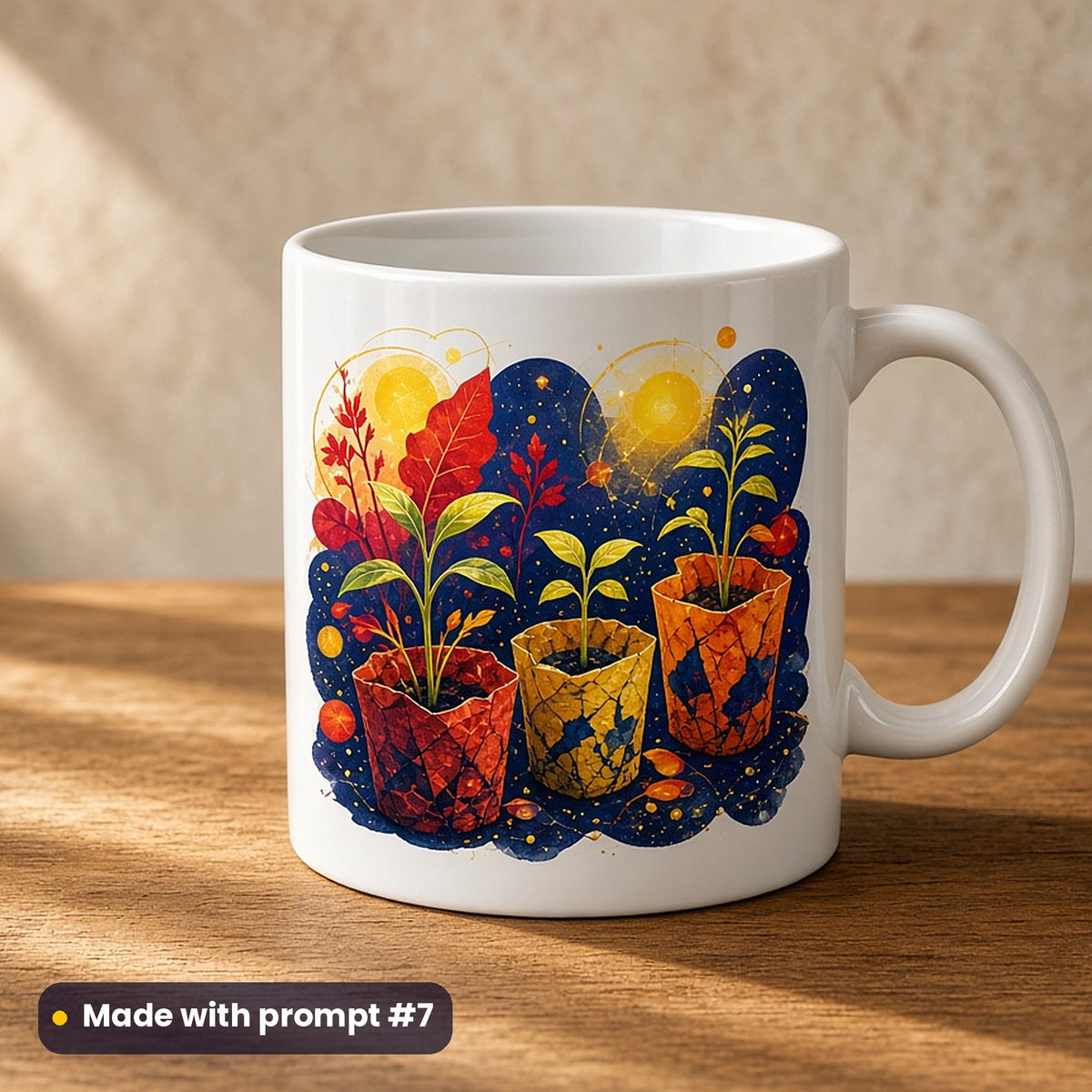 International Youth Day artwork printed on a UV-printed ceramic mug: seedlings growing in recycled pots, fantasy luminous style, made with prompt #7 from this pack