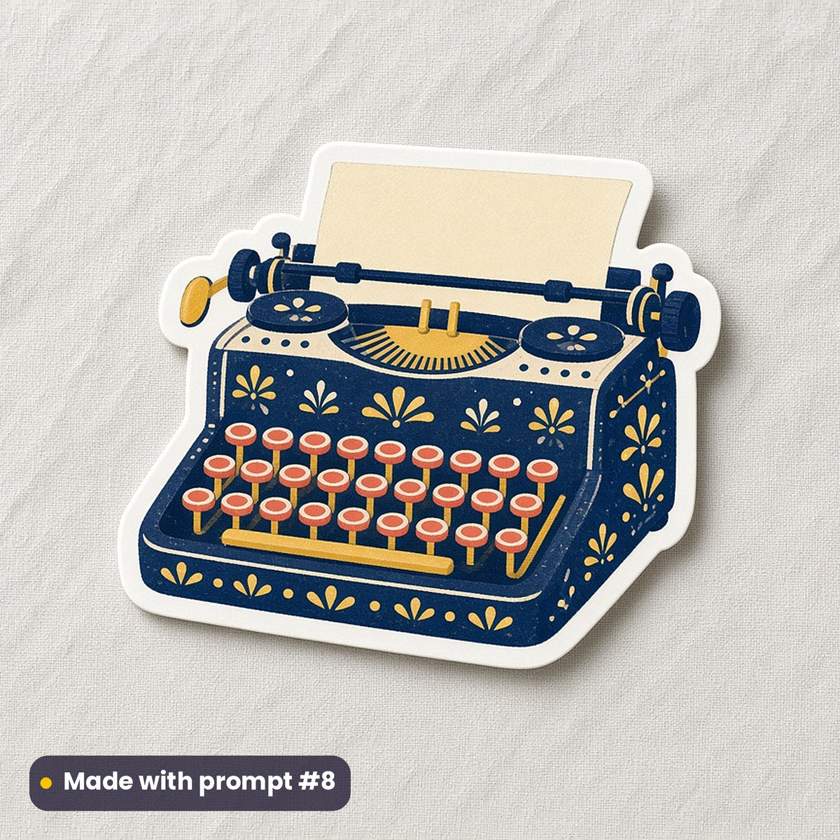 International Youth Day artwork printed on a die-cut vinyl sticker: old typewriter with a fresh sheet, folk art style, made with prompt #8 from this pack