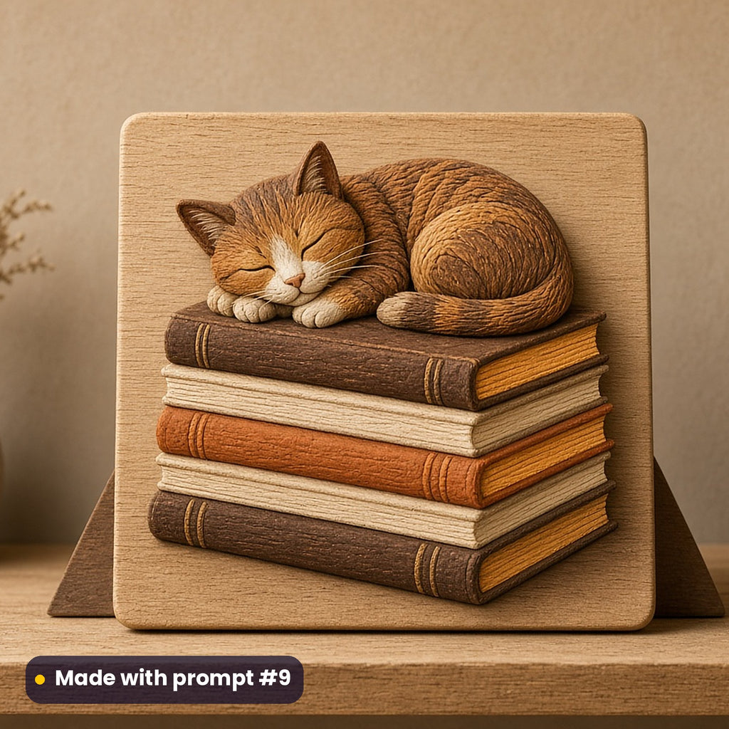 International Youth Day artwork printed on a UV-printed wooden plaque: cat napping on a stack of school books, handcrafted clay illusion style, made with prompt #9 from this pack