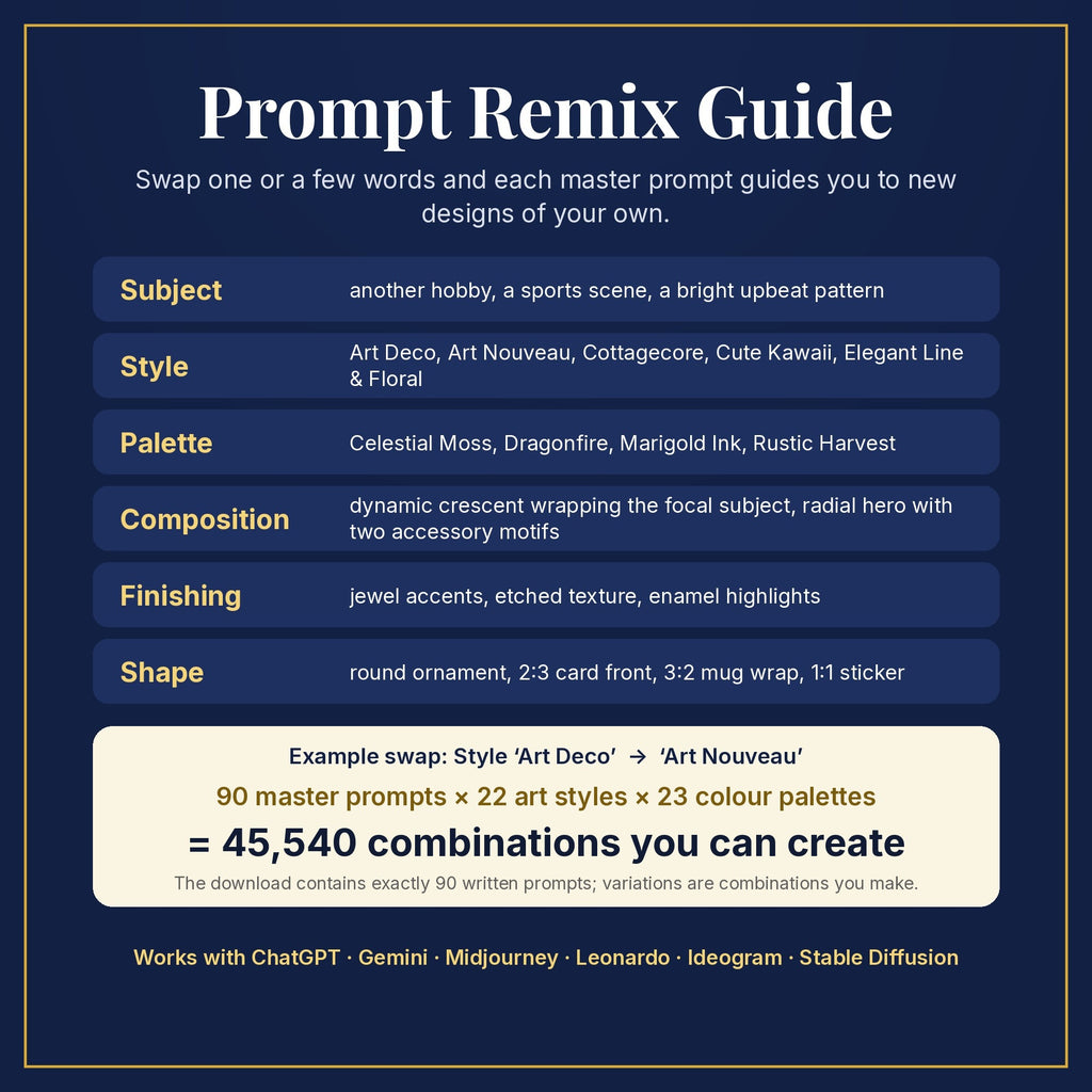 Prompt Remix Guide: swap subject, style, palette, composition, finishing and shape; 90 master prompts × 22 styles × 23 palettes = 45,540 combinations you can create