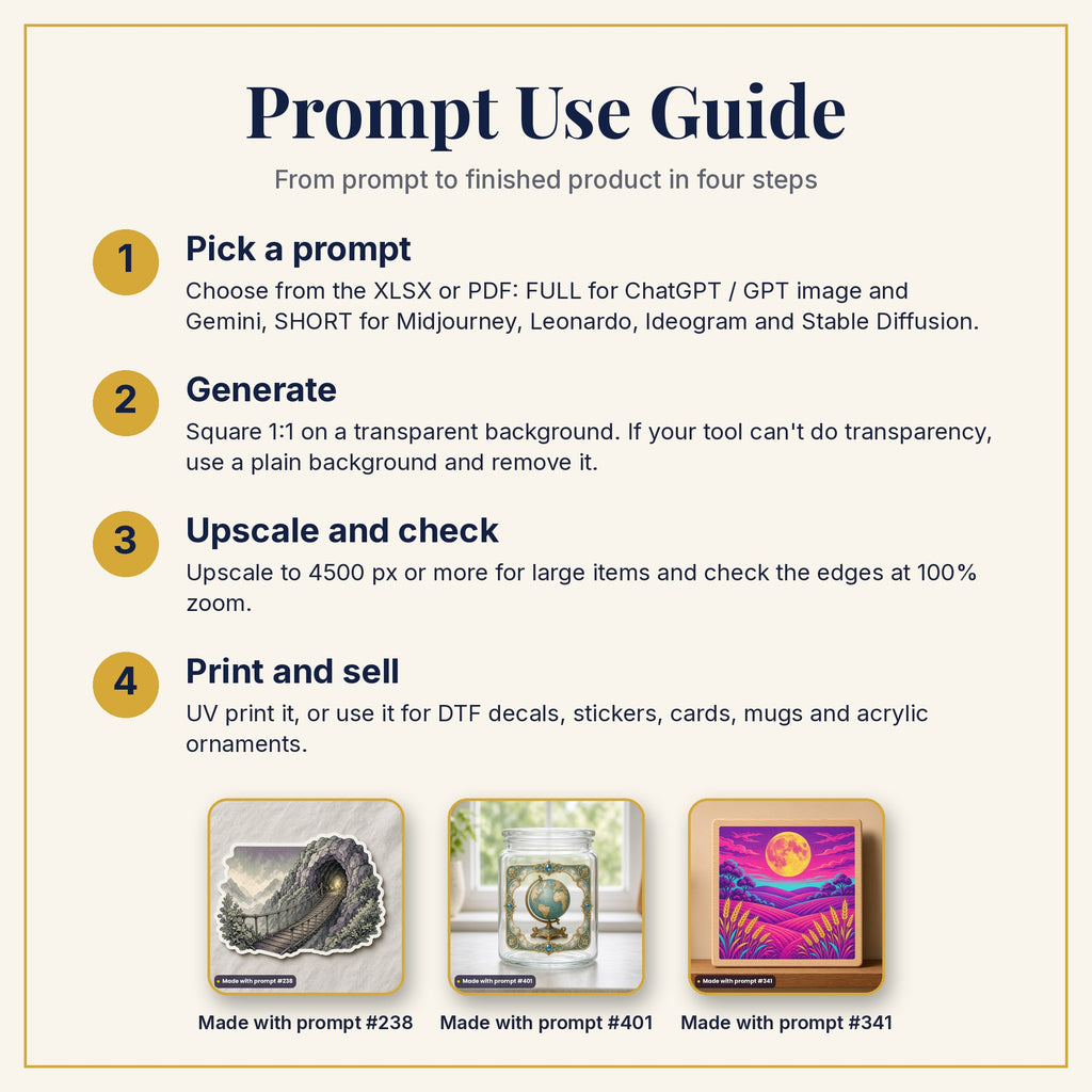 Prompt Use Guide: pick a prompt, generate, upscale and check, then print and sell, with example products made with prompts #238, #401 and #341