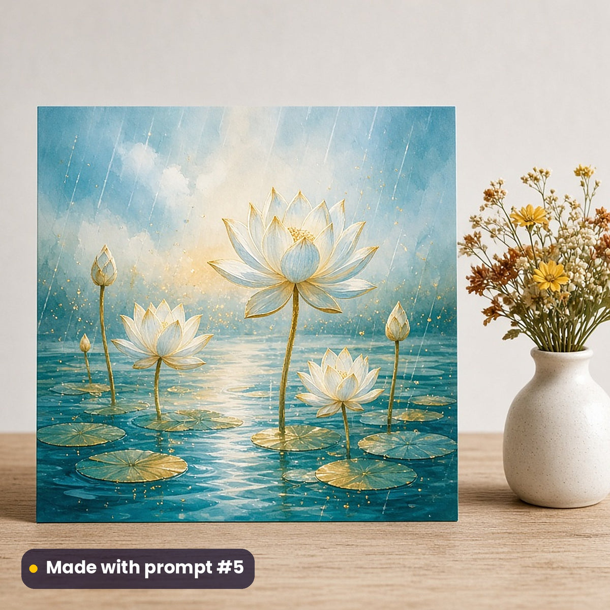 Ganesh Chaturthi artwork printed on a flat-printed greeting card: lotus flowers on a monsoon pond, fantasy luminous style, made with prompt #5 from this pack
