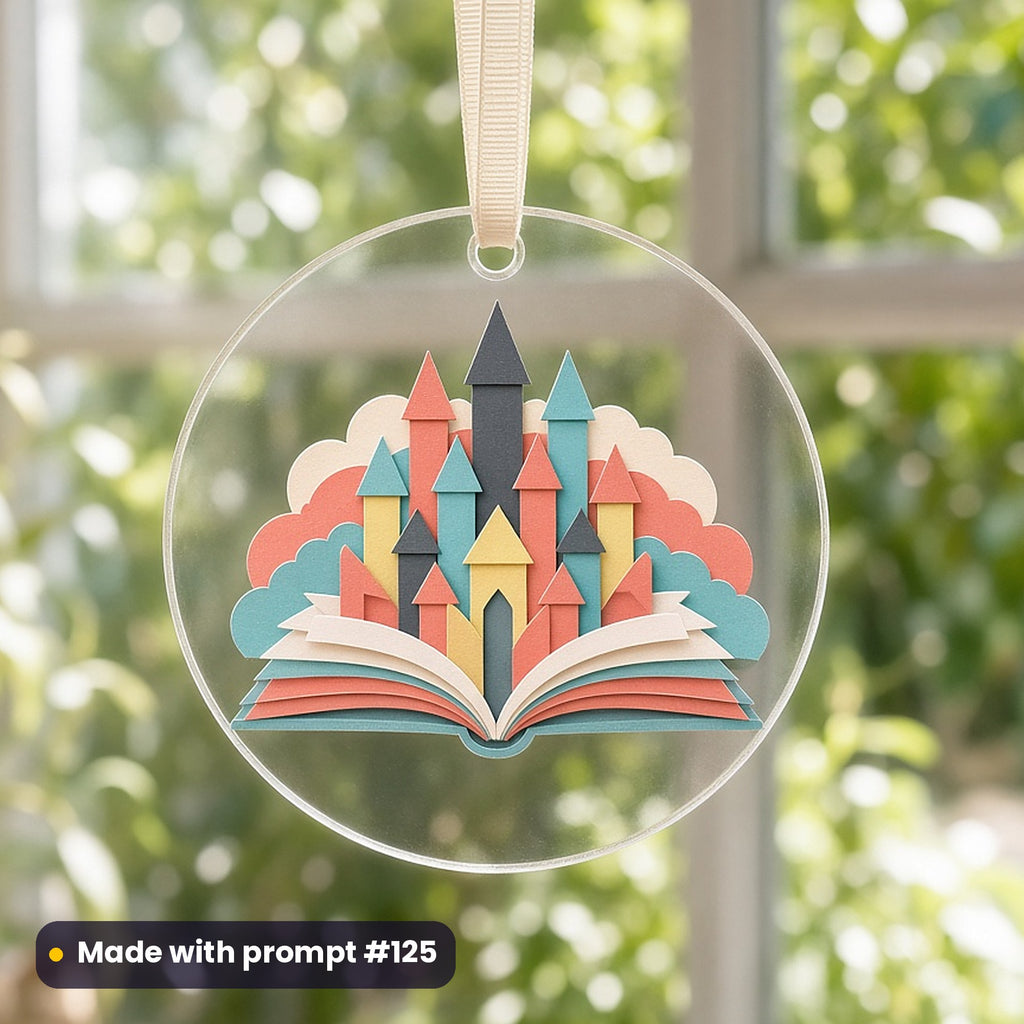 International Literacy Day artwork printed on a UV-printed clear acrylic ornament: open book with a castle rising from its pages, papercut relief illusion style, made with prompt #125 from this pack