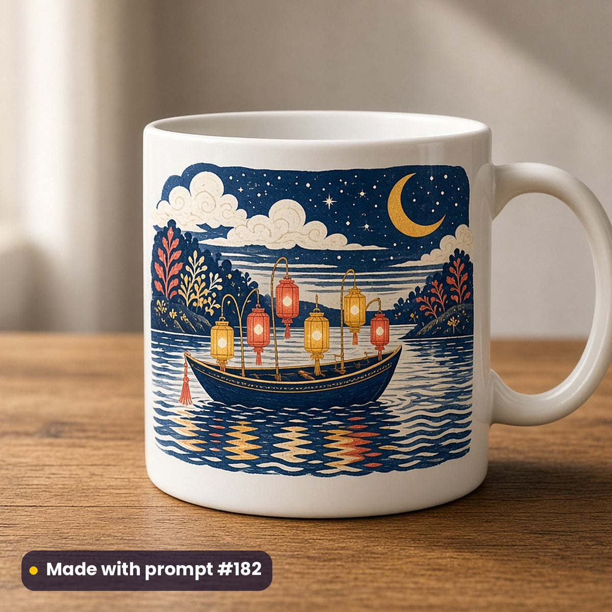 Mid-Autumn Festival artwork printed on a UV-printed ceramic mug: boat with lanterns on a river, folk art style, made with prompt #182 from this pack
