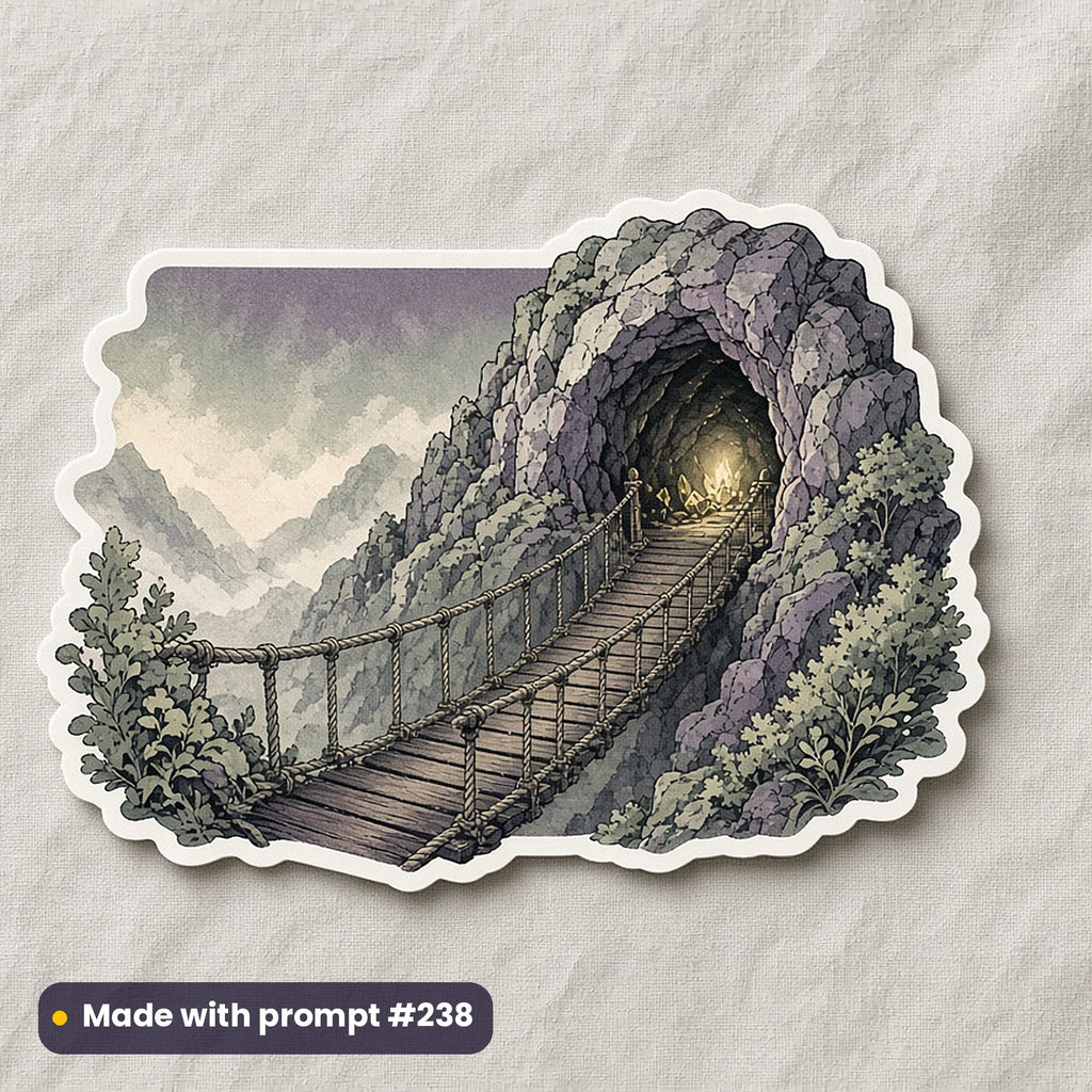 Talk Like a Pirate Day artwork printed on a die-cut vinyl sticker: rope bridge to a treasure cave, fantasy heraldic style, made with prompt #238 from this pack