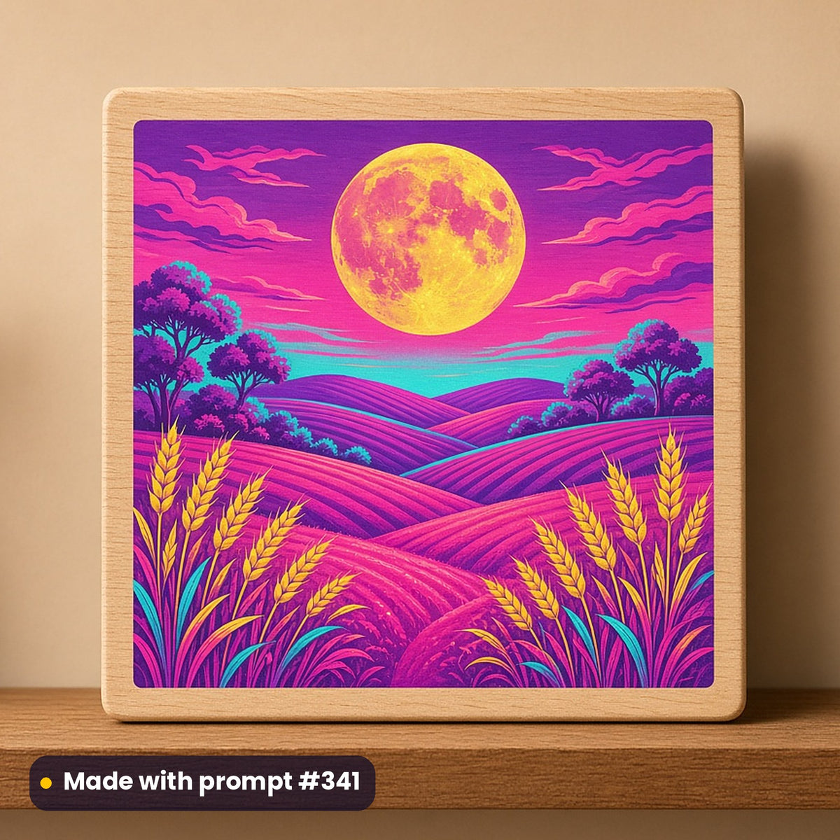 Autumn Equinox artwork printed on a UV-printed wooden plaque: harvest moon over fields, neon graphic style, made with prompt #341 from this pack