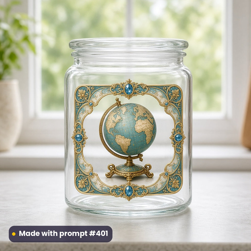 World Tourism Day artwork printed on a UV DTF decal on glass: antique globe on a stand, luxury enamel & gemstone style, made with prompt #401 from this pack