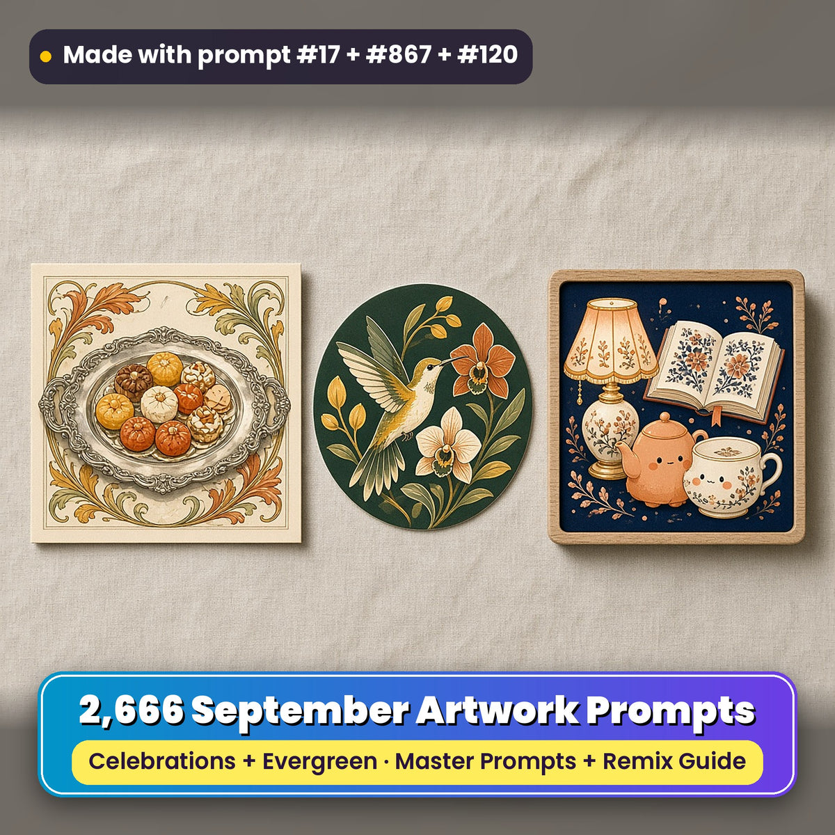 Complete September prompt library: 2,666 master prompts + Remix Guide, with a UV-printed greeting card, acrylic ornament and mug set made with prompts #17, #867 and #120