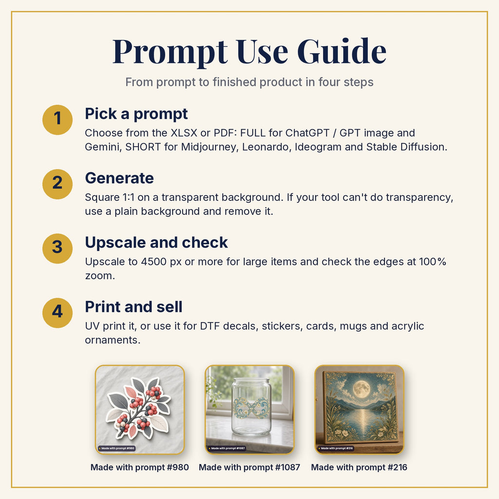 Prompt Use Guide: pick a prompt, generate, upscale and check, then print and sell, with example products made with prompts #980, #1087 and #216