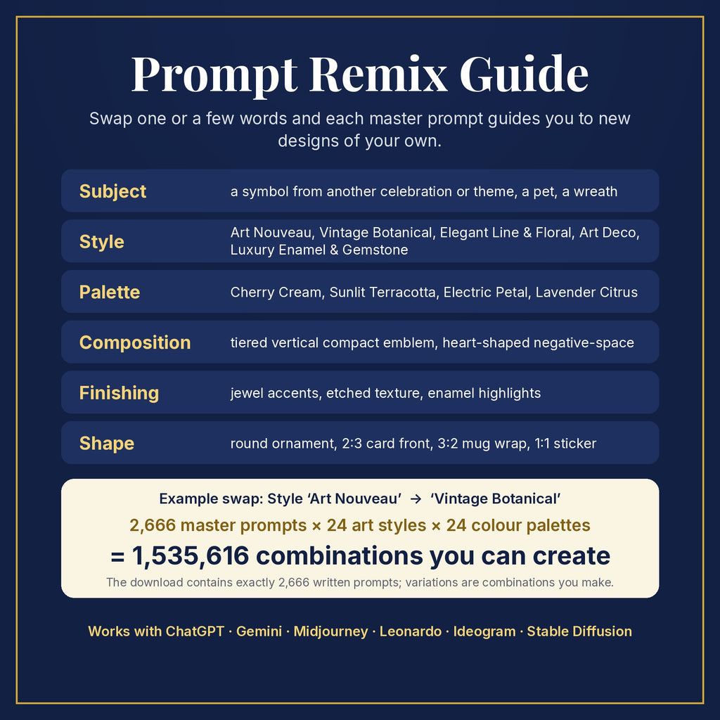 Prompt Remix Guide: swap subject, style, palette, composition, finishing and shape; 2,666 master prompts × 24 styles × 24 palettes = 1,535,616 combinations you can create