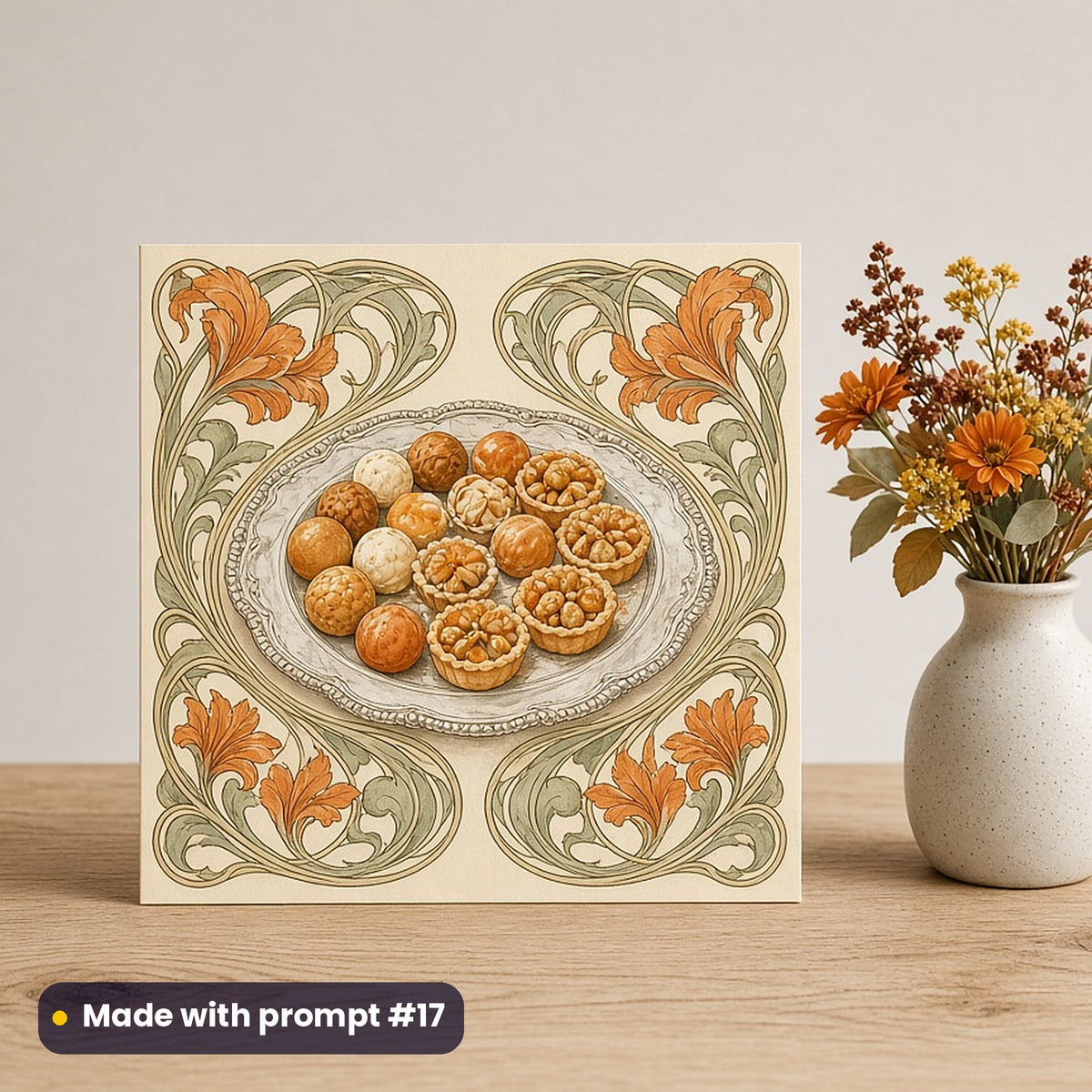 Ganesh Chaturthi artwork printed on a flat-printed greeting card: heirloom silver plate of sweets, art nouveau style, made with prompt #17 from this pack