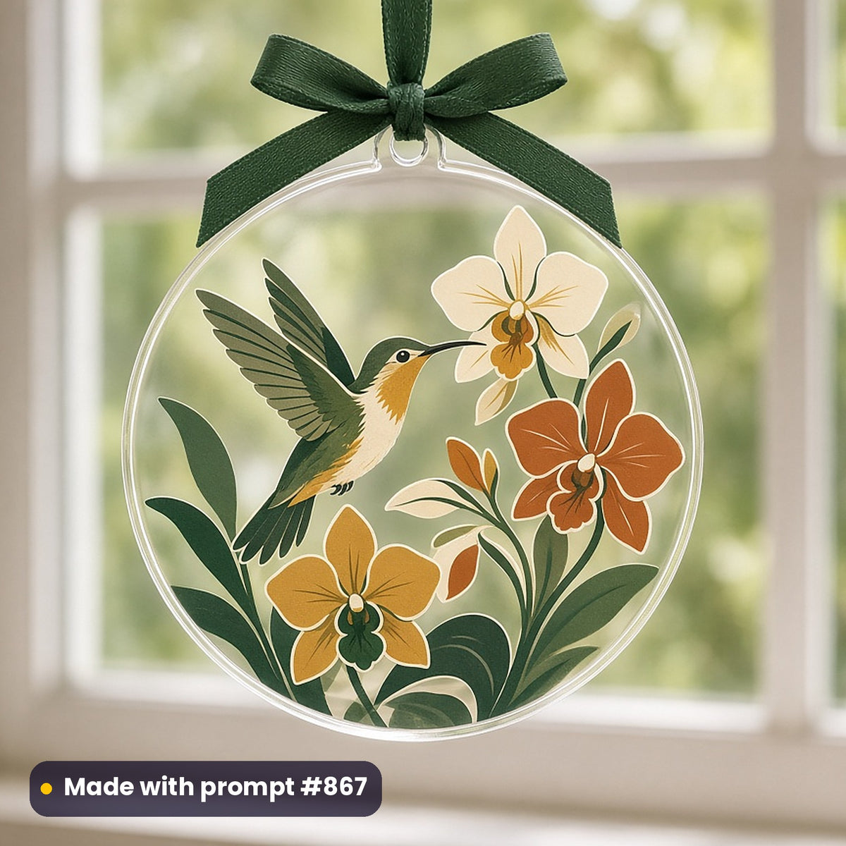 Pets & Animal Portraits artwork printed on a UV-printed clear acrylic ornament: hummingbird with orchids, minimal bold graphic style, made with prompt #867 from this pack