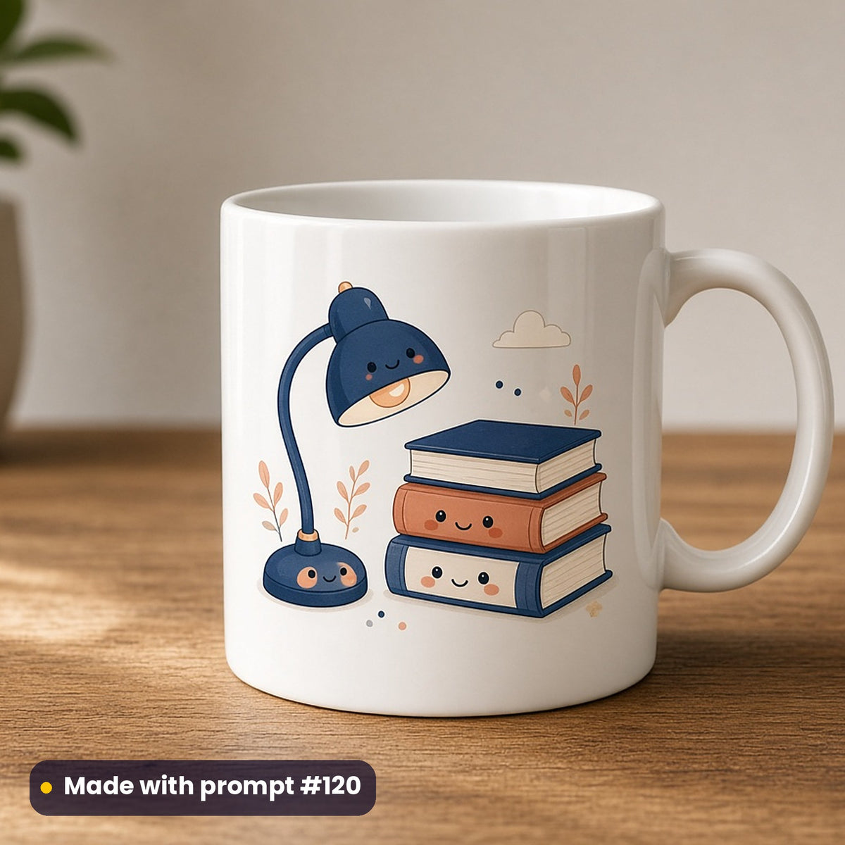 International Literacy Day artwork printed on a UV-printed ceramic mug: kawaii lamp and book buddies, luxury porcelain style, made with prompt #120 from this pack