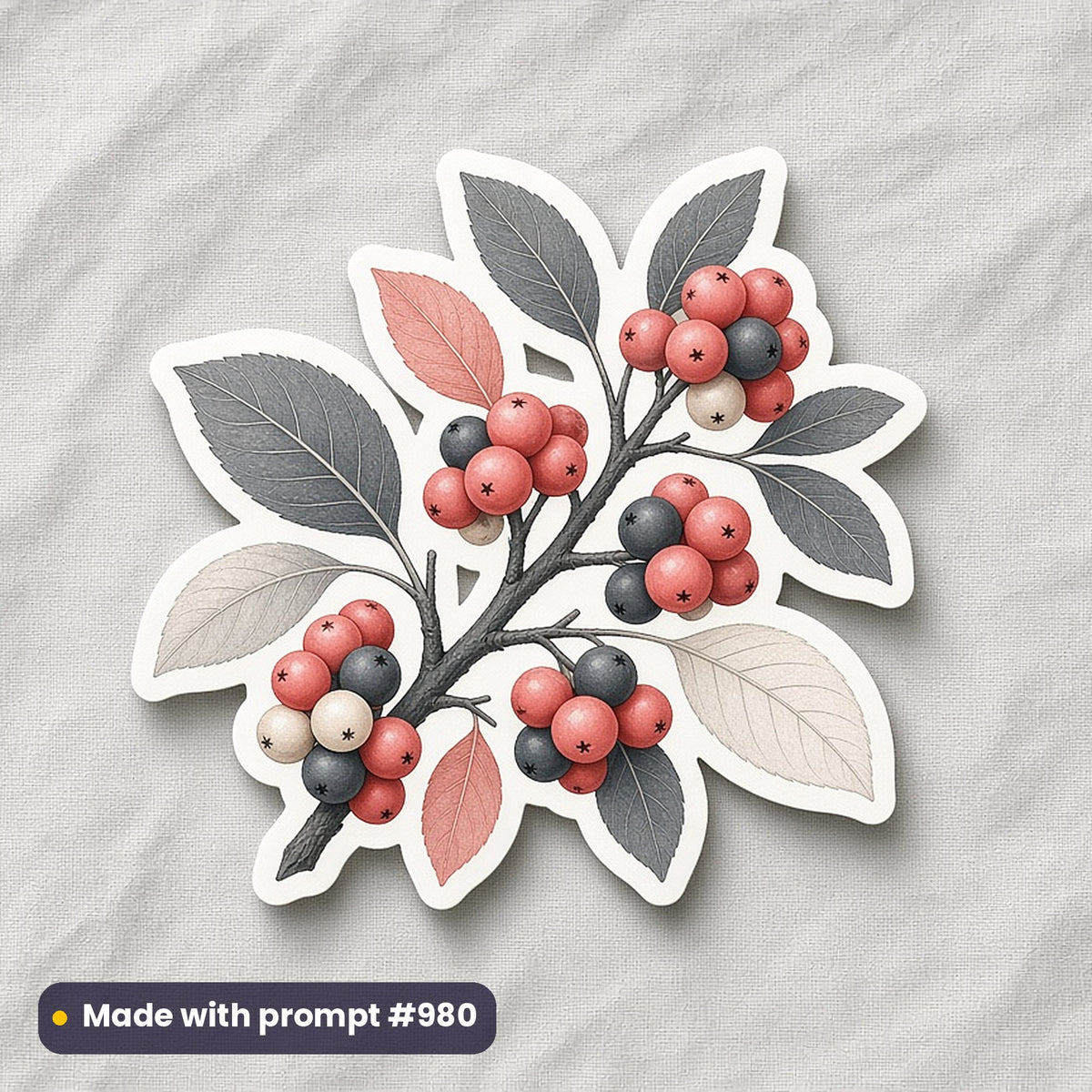Botanical Illustration artwork printed on a die-cut vinyl sticker: autumn berry branch, contemporary tattoo style, made with prompt #980 from this pack