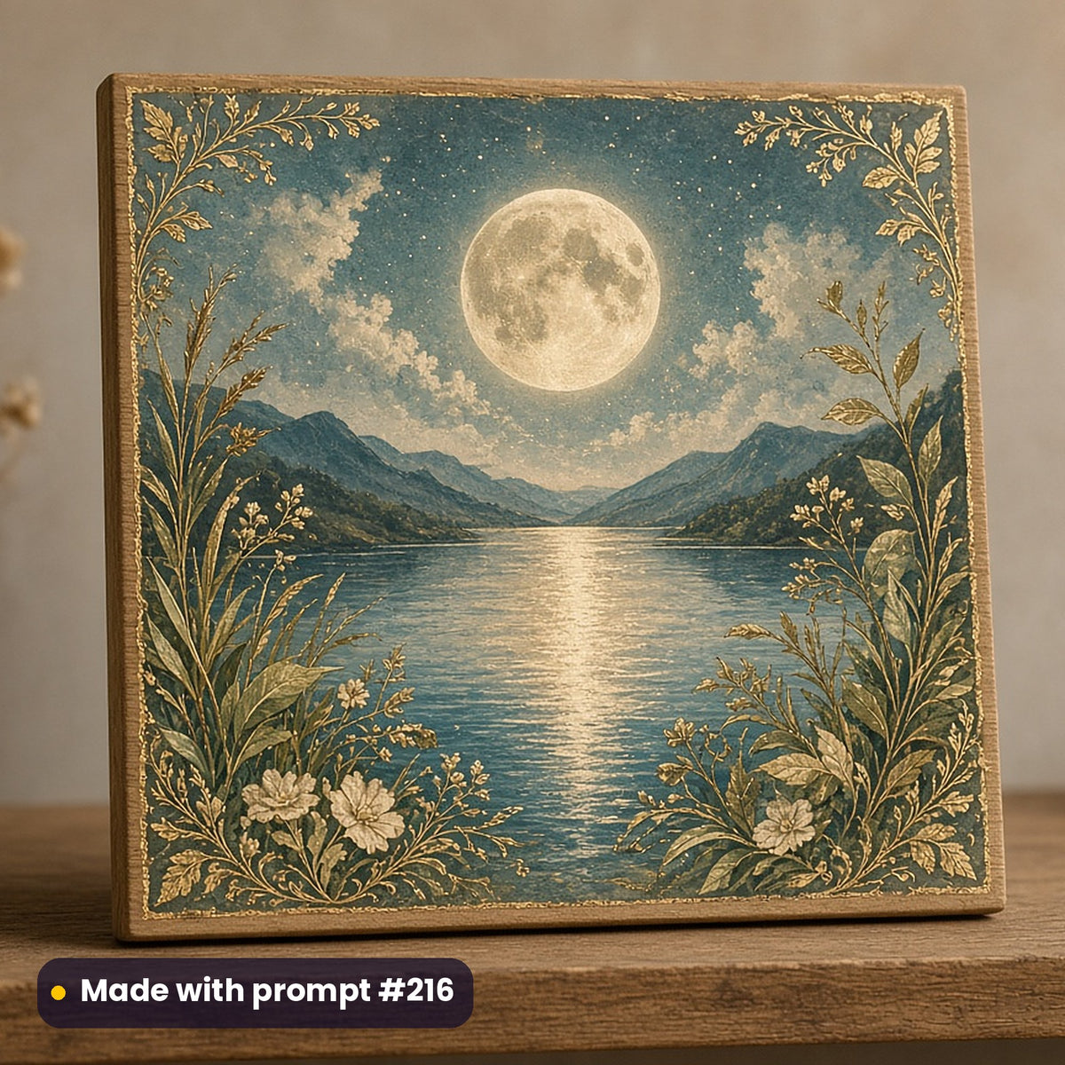 Mid-Autumn Festival artwork printed on a UV-printed wooden plaque: moon reflected in a lake, vintage botanical style, made with prompt #216 from this pack