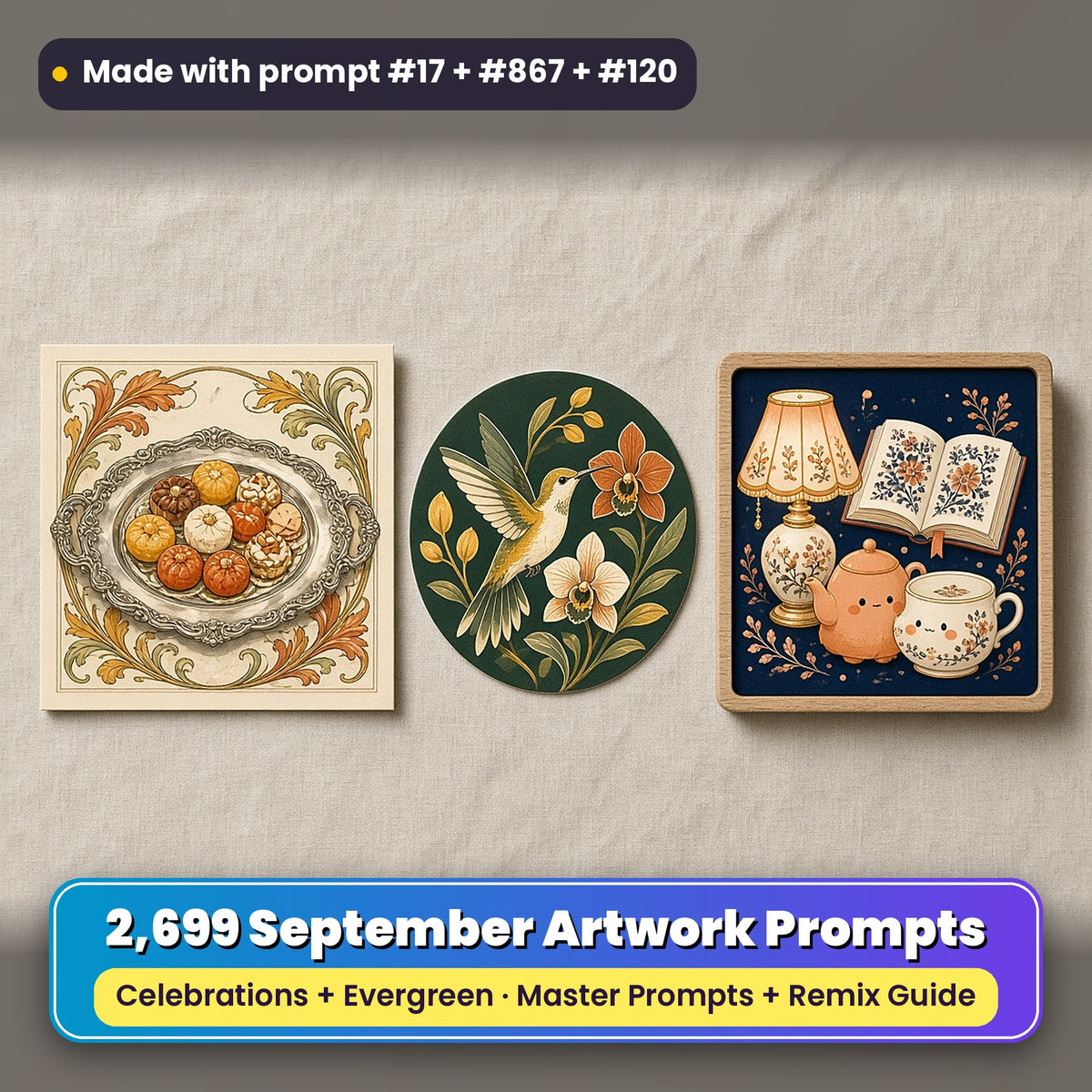 Complete September prompt library: 2,699 master prompts + Remix Guide, with a UV-printed greeting card, acrylic ornament and mug set made with prompts #17, #867 and #120