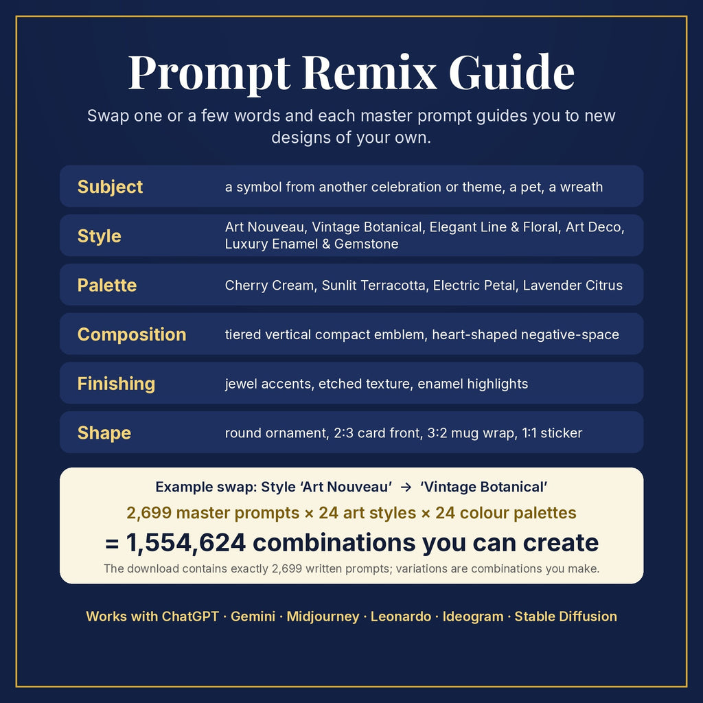 Prompt Remix Guide: swap subject, style, palette, composition, finishing and shape; 2,699 master prompts × 24 styles × 24 palettes = 1,554,624 combinations you can create