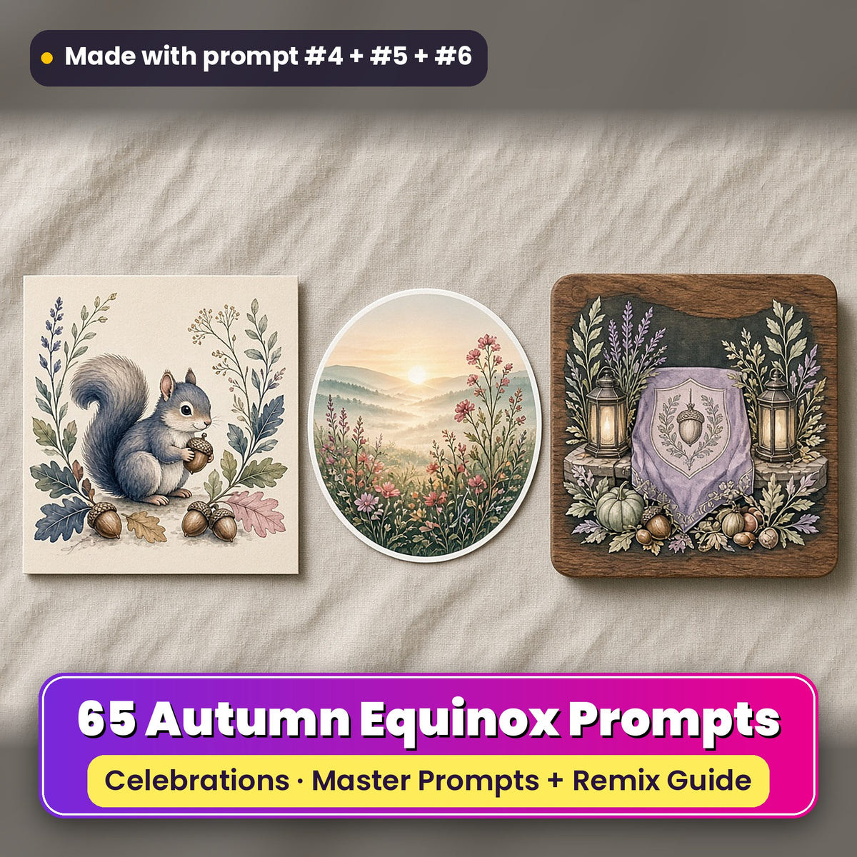 Autumn Equinox prompt pack: 65 master prompts + Remix Guide, with a UV-printed greeting card, acrylic ornament and mug set made with prompts #4, #5 and #6